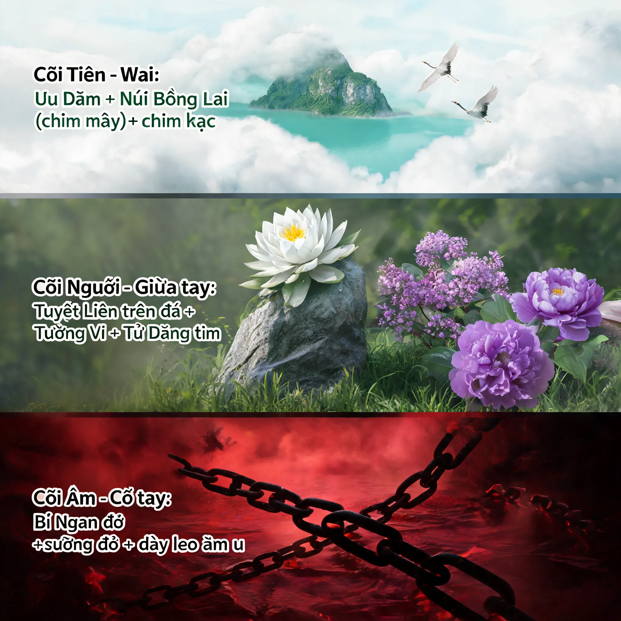 - Cõi Âm - Cổ tay: Bỉ Ngạn đỏ + sương đỏ + dây leo âm u. Luân hồi - Cõi Người - Giữa tay: Tuyêt Liên trên đá + Tường Vi + Tử Đăng tím. Đời người - Cõi Tiên - Vai: Ưu Đàm + Núi Bồng Lai chìm trong mây + chim hạc bay lượn. Điểm nhấn mới: cảnh tiên mờ ảo, thanh tịnh