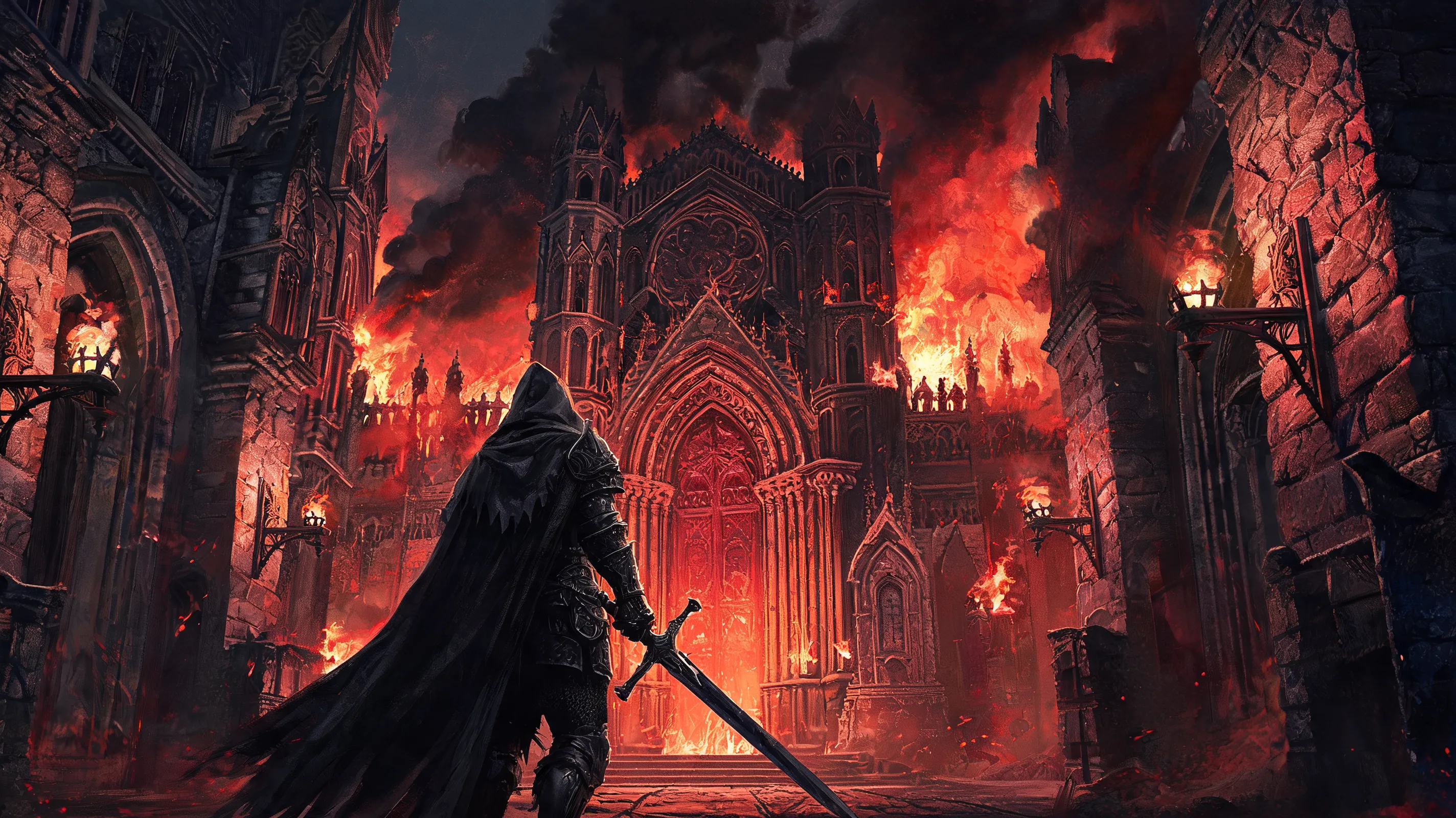 Dark gothic fantasy painting, a lone hooded warrior standing before a burning cathedral gate, torchlit stone walls, crimson and black color palette, Blizzard 2000 promotional art style, oil painting texture, dramatic chiaroscuro lighting, epic game cover composition, highly detailed.