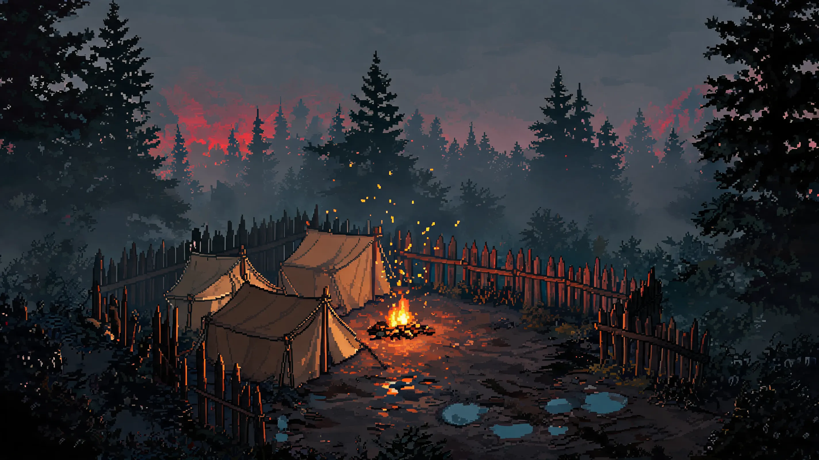 Isometric action RPG screenshot, small campfire in a muddy medieval camp, tents and wooden palisades, dark forest surrounding, faint red glow on the horizon, Diablo II in-game graphics style, 800x600 retro pixel aesthetic, moody ambient lighting, fog and embers.