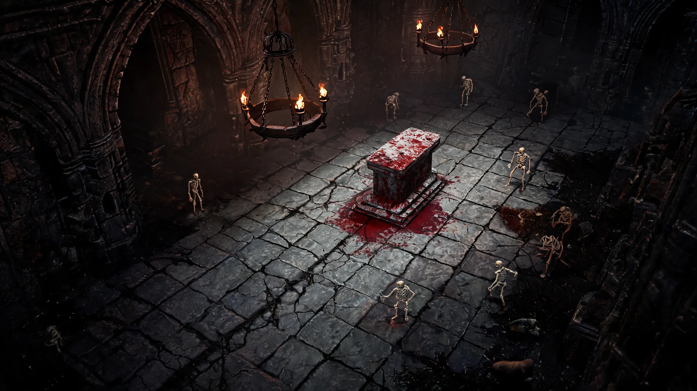 Top-down isometric dark fantasy dungeon, cracked stone floor, bloodstained altar, hanging iron chandeliers, undead skeletons emerging from shadows, Diablo II dungeon tileset, gothic architecture, dim orange torchlight, grim atmosphere, retro CRPG render.