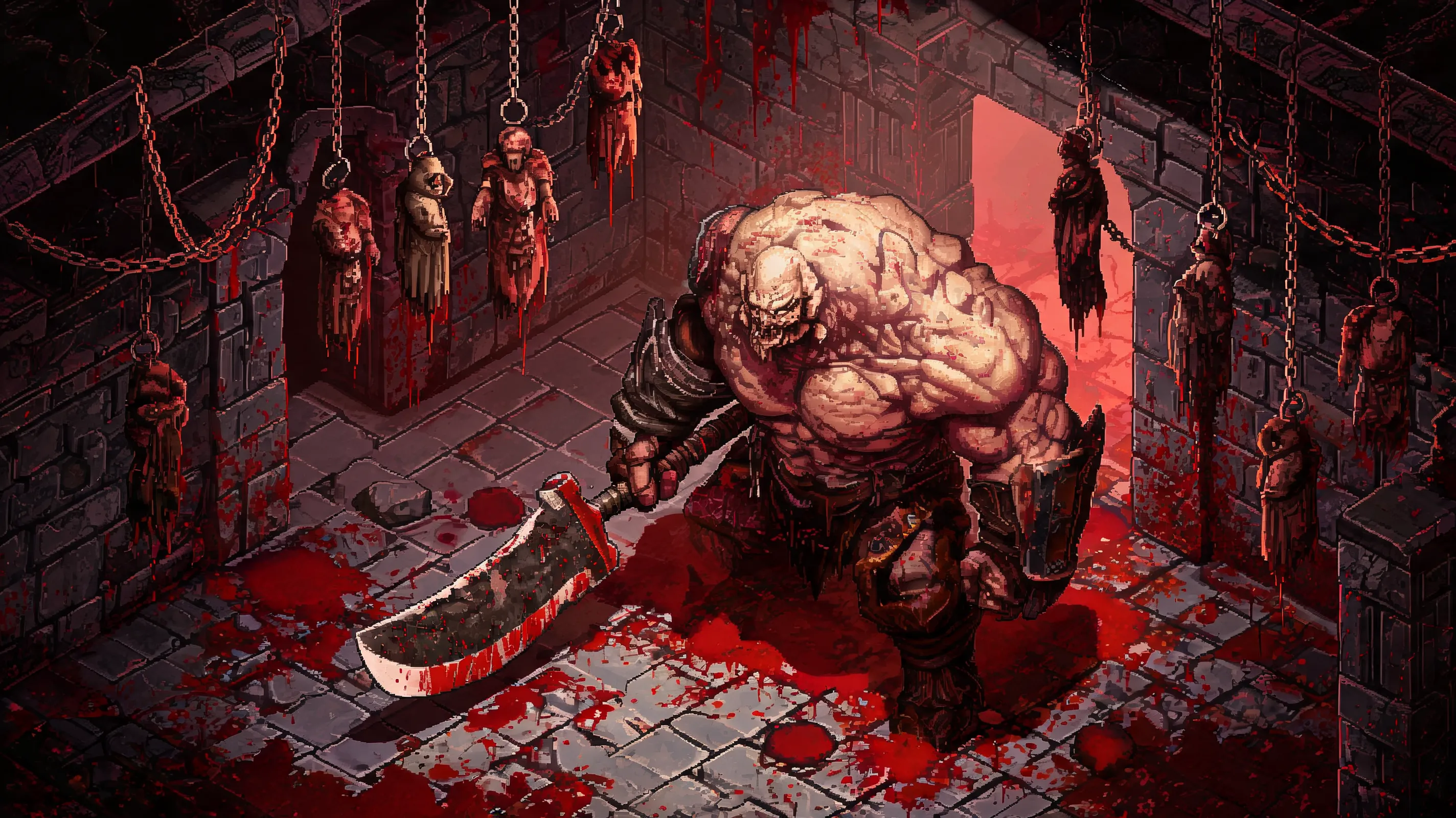 Dark fantasy horror game scene, a massive bloated demon with a cleaver in a blood-soaked stone room, hanging corpses, iron chains, red lighting, Diablo II boss encounter, isometric perspective, 2000s PC game graphics, grotesque and terrifying.