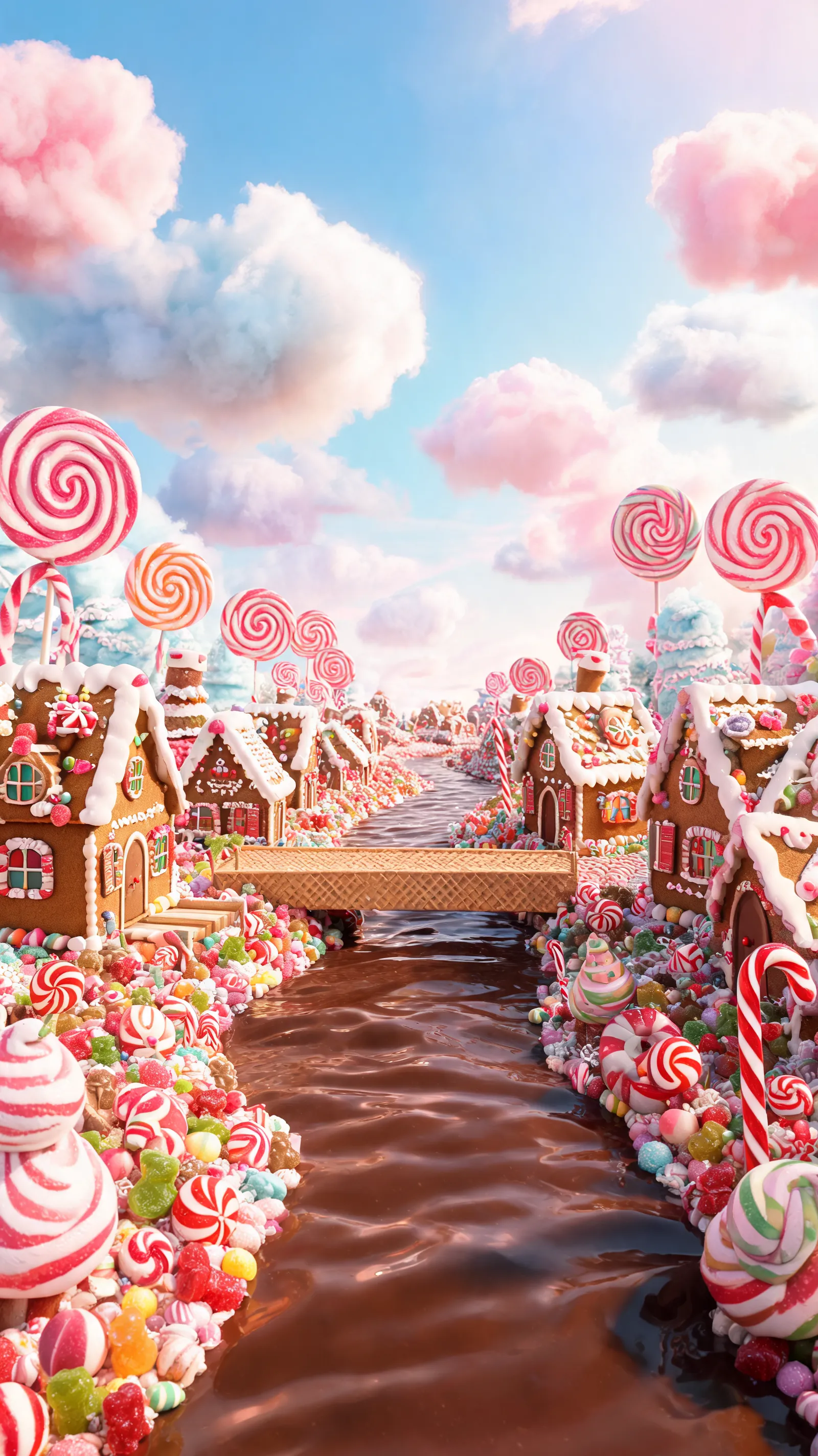 A fantastical world made of candies and desserts, chocolate rivers, cotton candy clouds, and gingerbread houses