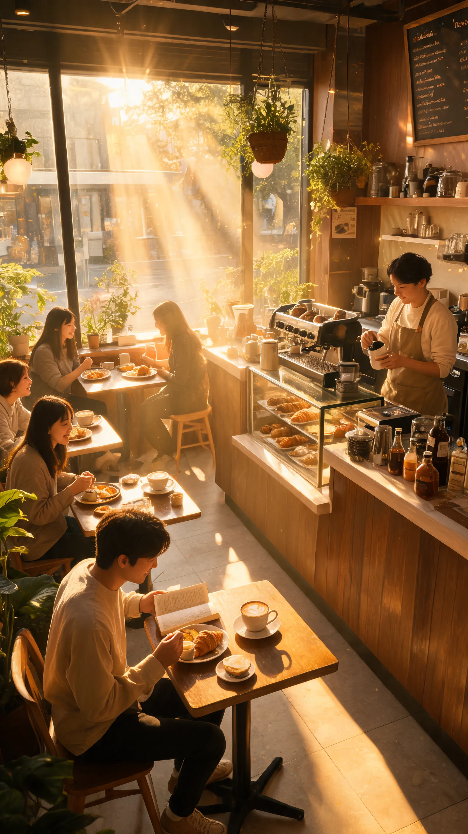 Sunlight streaming into a small cafe, customers enjoying breakfast, baristas busy preparing orders