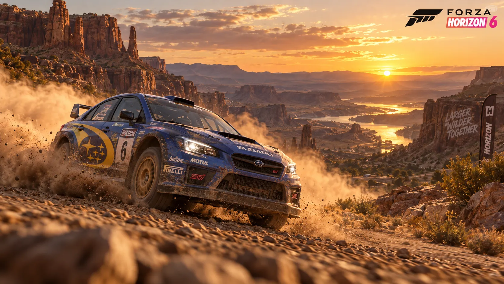 Forza Horizon 6 gameplay screenshot, a rally-spec Subaru WRX tearing across a vast desert canyon at golden hour, massive dust trail behind the car, dramatic rock formations, warm sunset lighting, photorealistic rendering, dynamic camera angle