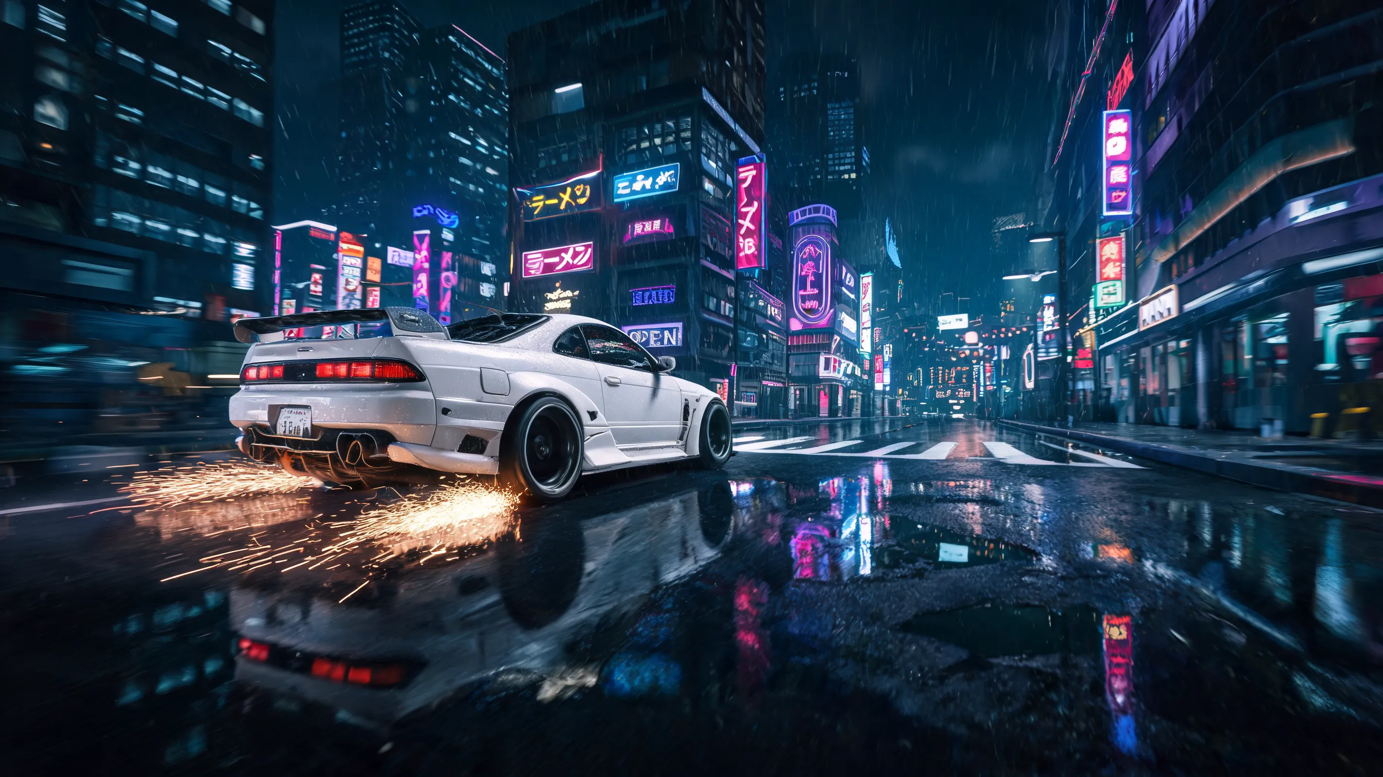 Forza Horizon 6 screenshot, a modified Nissan Silvia S15 drifting through rain-soaked neon-lit Tokyo streets at night, wet asphalt reflections, motion blur, sparks flying from the rear wheels, cinematic lighting, ultra-realistic racing game graphics, 4K
