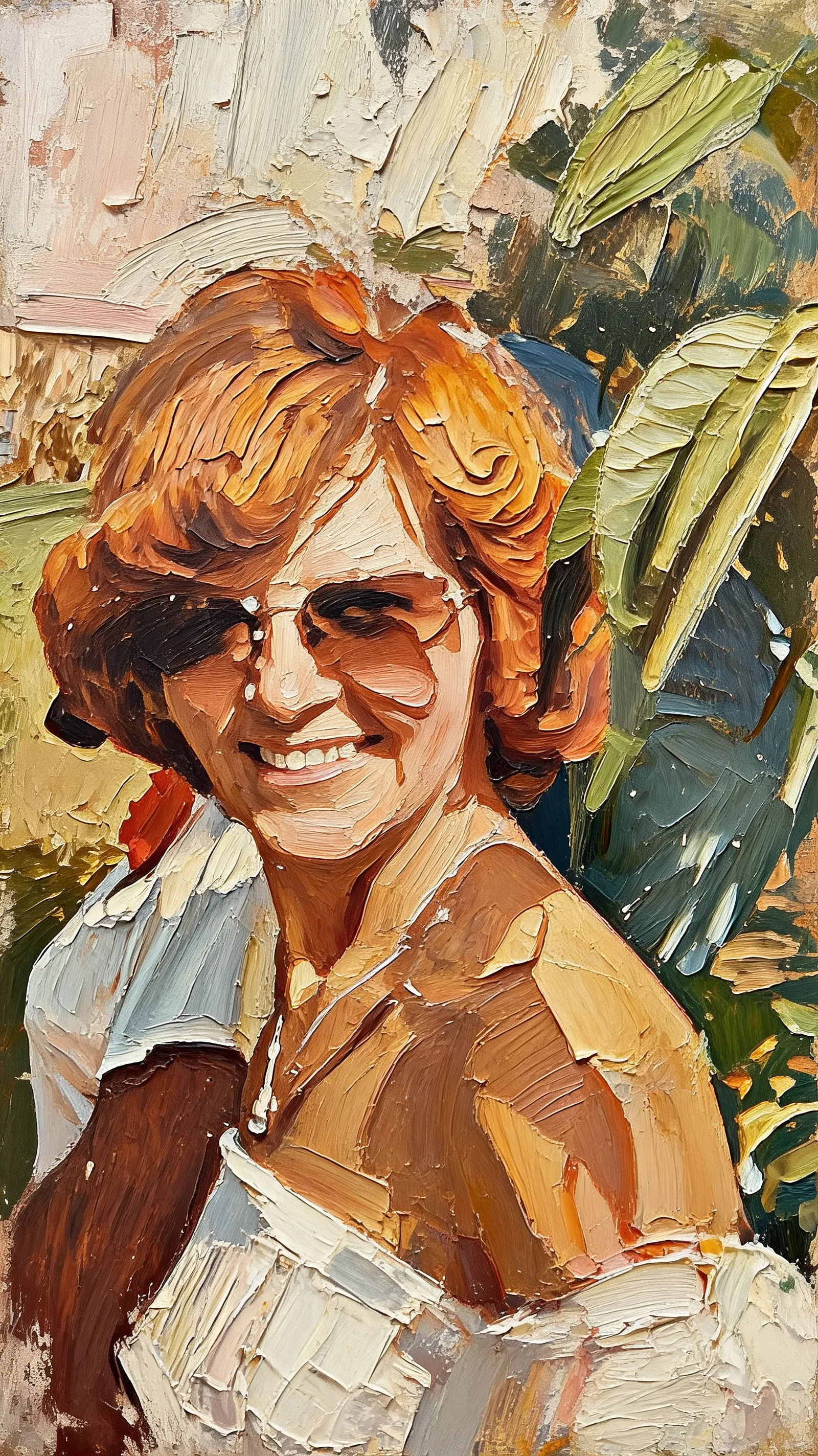 Transform this portrait into a high-end, heavily textured palette-knife abstract oil painting. Reinterpret the source subject not as a photo, but through bold masses of thick, layered impasto paint and energetic color-block collisions. The brushstrokes must be incredibly distinct and chaotic, with raw, scraped edges defining the silhouette cues and emotional energy. While fine facial details are gone, the core posture, emotional tone, and spiritual essence must remain perceptible through the massive paint movement. Render the background with the same thick, painterly language to create a unified, visually heavy, and emotionally charged abstract masterpiece.