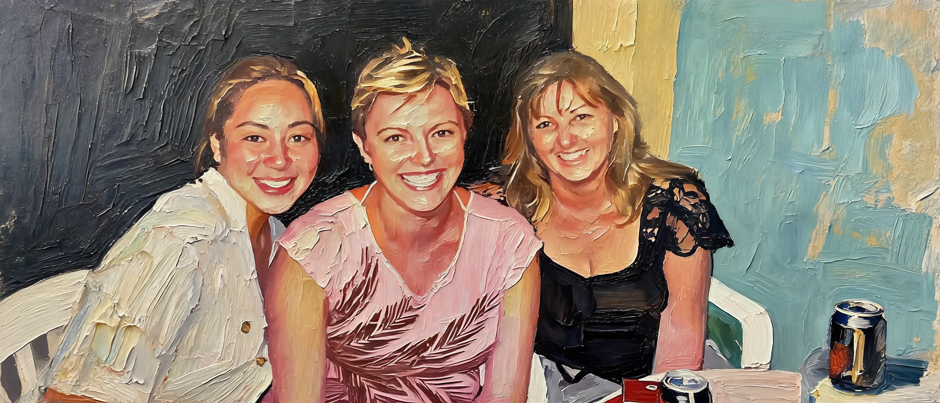 Transform this portrait into a high-end, heavily textured palette-knife abstract oil painting. Reinterpret the source subject not as a photo, but through bold masses of thick, layered impasto paint and energetic color-block collisions. The brushstrokes must be incredibly distinct and chaotic, with raw, scraped edges defining the silhouette cues and emotional energy. While fine facial details are gone, the core posture, emotional tone, and spiritual essence must remain perceptible through the massive paint movement. Render the background with the same thick, painterly language to create a unified, visually heavy, and emotionally charged abstract masterpiece.