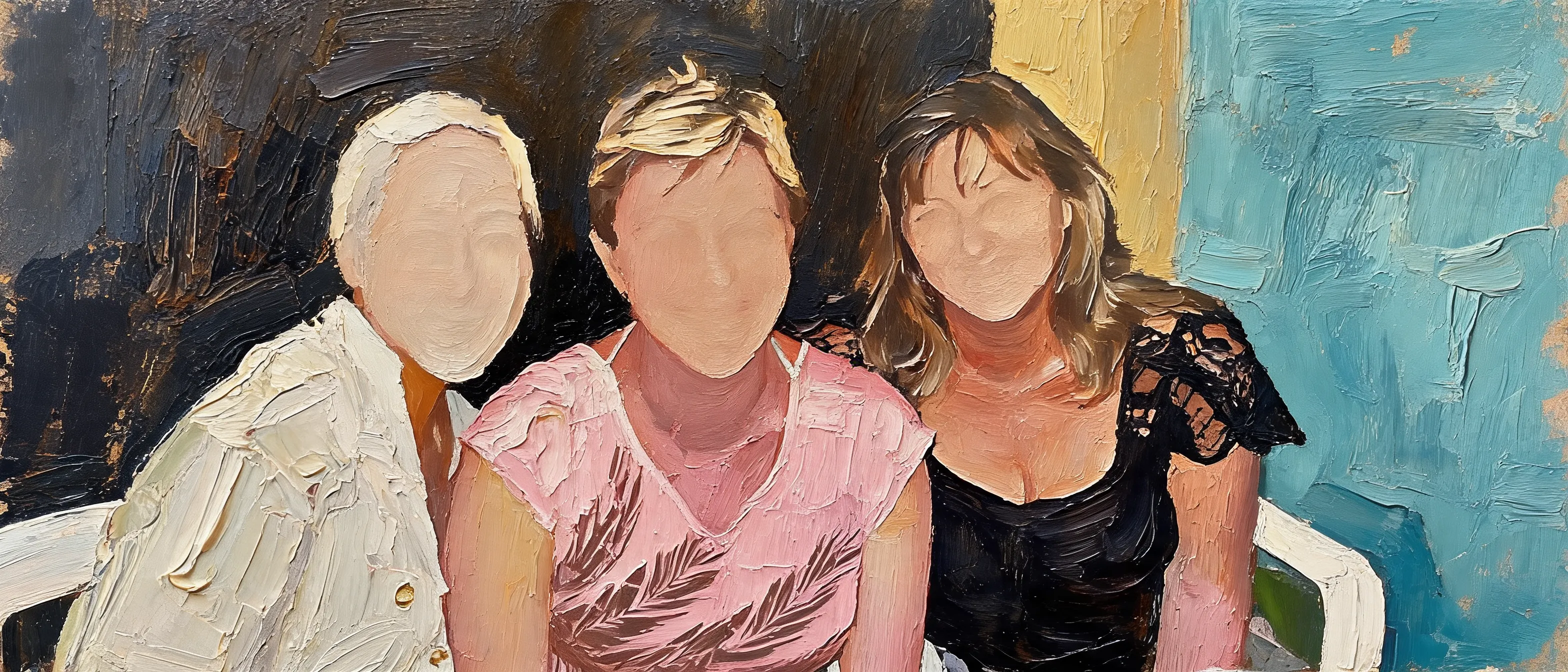 Transform this portrait into a high-end, heavily textured palette-knife abstract oil painting. Reinterpret the source subject not as a photo, but through bold masses of thick, layered impasto paint and energetic color-block collisions. The brushstrokes must be incredibly distinct and chaotic, with raw, scraped edges defining the silhouette cues and emotional energy. While fine facial details are gone, the core posture, emotional tone, and spiritual essence must remain perceptible through the massive paint movement. Render the background with the same thick, painterly language to create a unified, visually heavy, and emotionally charged abstract masterpiece.