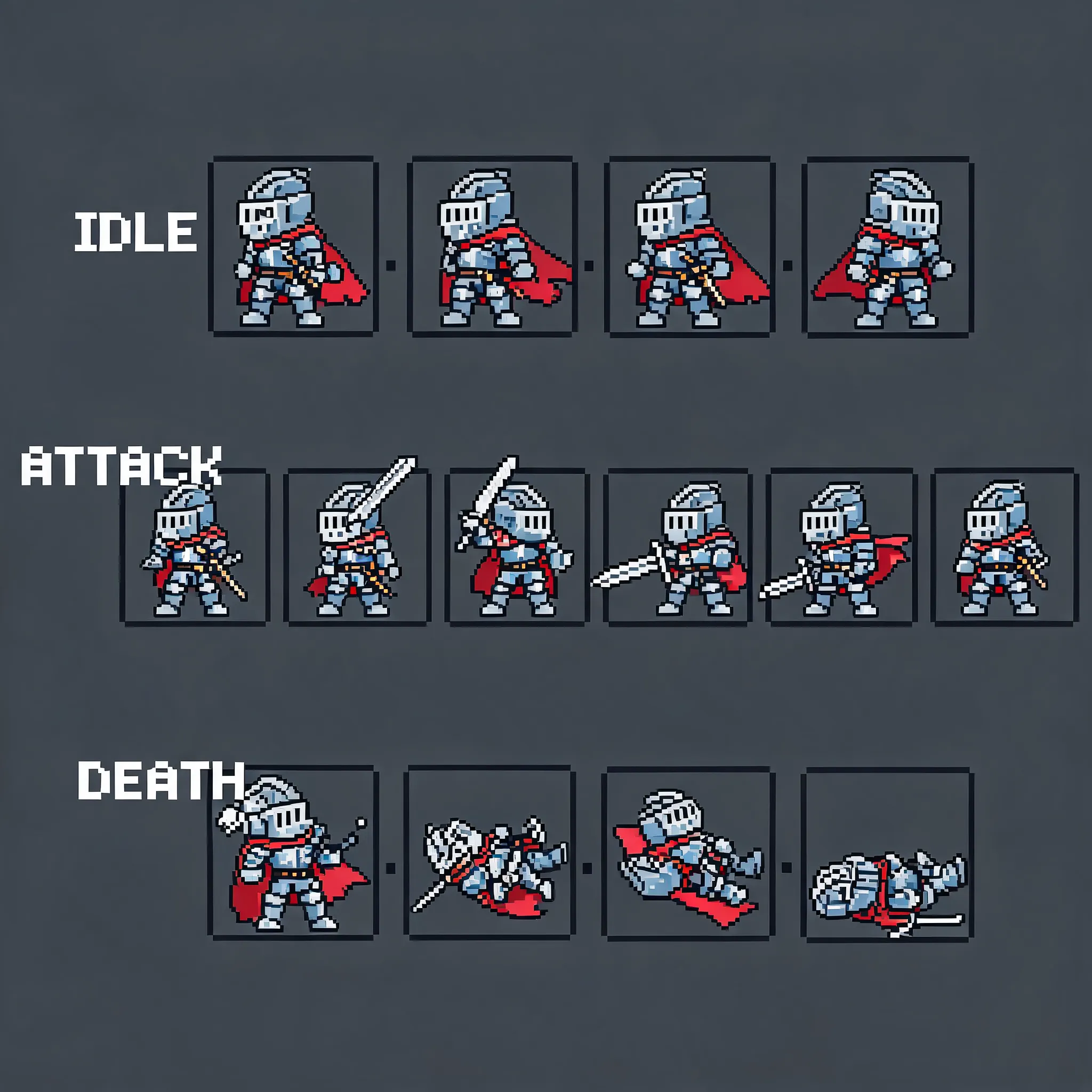 A neatly arranged fantasy RPG pixel art sprite sheet of a knight's side-view sequence animations, three action sets each on its own full row: Row 1 idle (4 frames, breathing), labeled "IDLE"; Row 2 attack (6 frames, sword slash), labeled "ATTACK"; Row 3 death (4 frames, falling backward), labeled "DEATH". All frames must be identical squares with fixed pixel gaps between frames and rows, strict grid alignment, clear non-overlapping boundaries, no decorative borders or dividers. Labels use pixel-style font at row start, not interfering with slicing. Strict pixel art: visible pixel blocks, jagged stepped edges, no anti-aliasing, dithering color transitions, sharp hard edges, no painterly or blurry effects. Knight is chibi/Q-style, exaggerated proportions, silver-blue plate armor, broadsword, red cape, expressive. Bright vivid colors, mobile game UI aesthetics, rich detail yet readable. Solid dark gray background, no distractions. Neat uniform professional composition, high-definition, suitable for game assets.