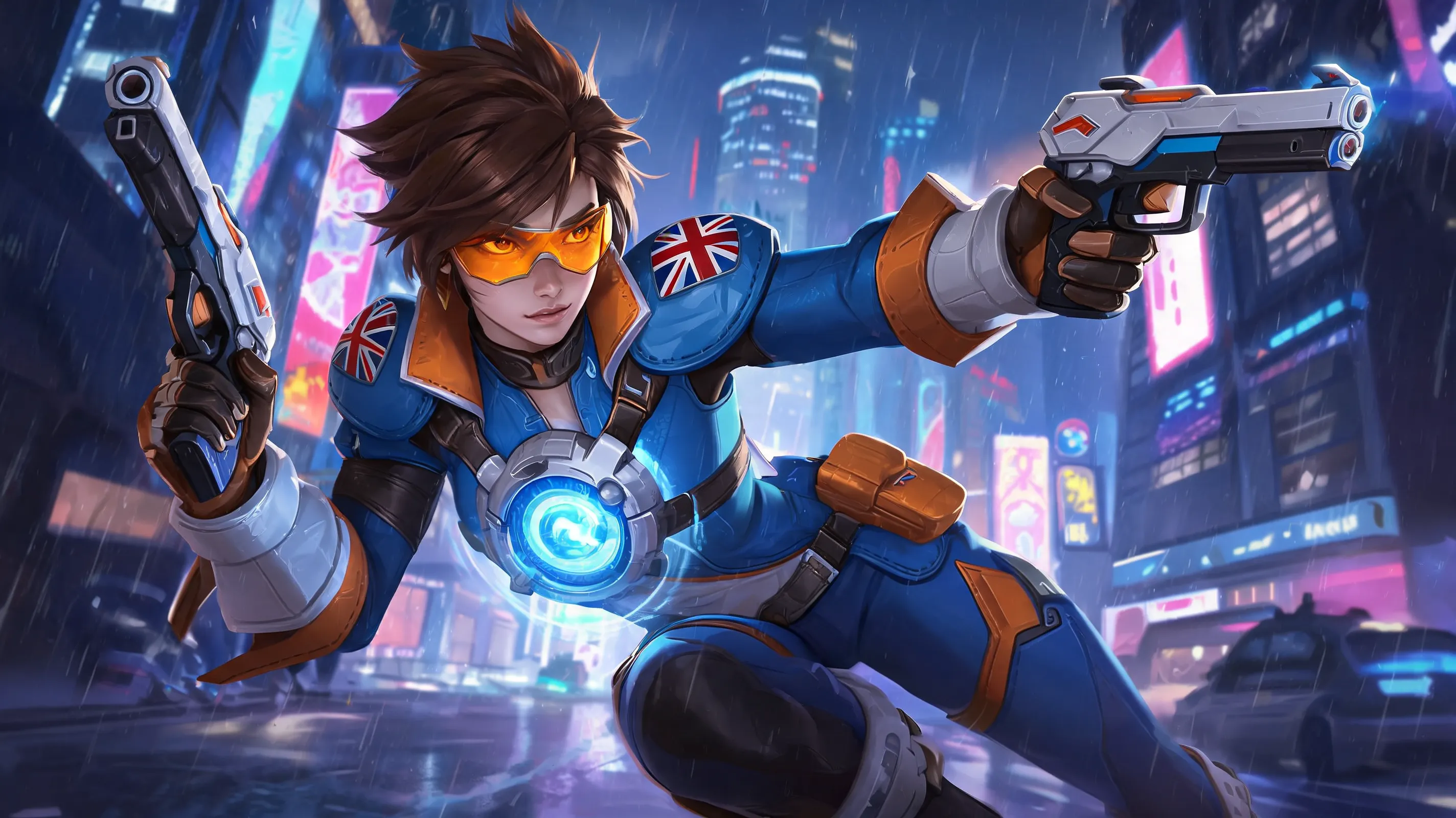 Overwatch Tracer, dynamic action pose, chronal accelerator glowing blue, british pilot aesthetic, orange goggles, spiky brown hair, sleek blue and orange suit, pulse pistols drawn, neon city background, cinematic lighting, highly detailed digital art, blizzard entertainment style, 4k