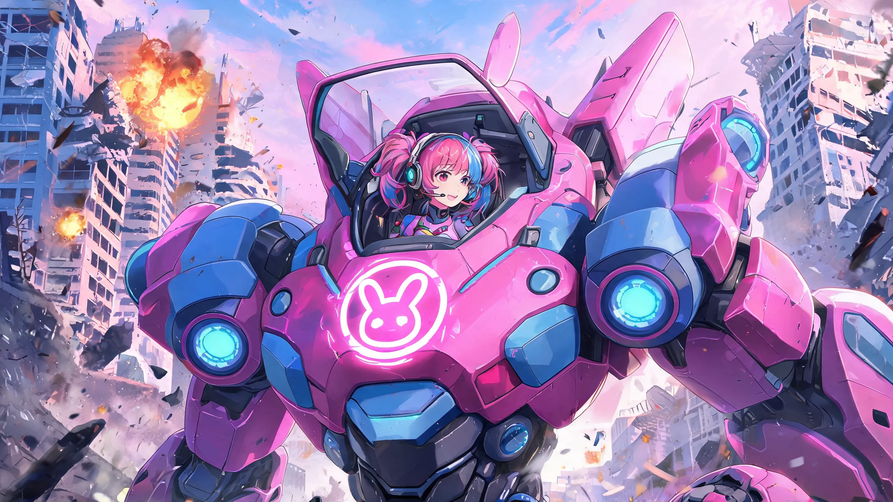 Overwatch D.Va in pink mech suit, gamer girl aesthetic, korean idol face, pink and blue color scheme, giant mech robot, holographic bunny logo, city destruction background, explosions, dynamic angle, vibrant colors, anime style, ultra detailed