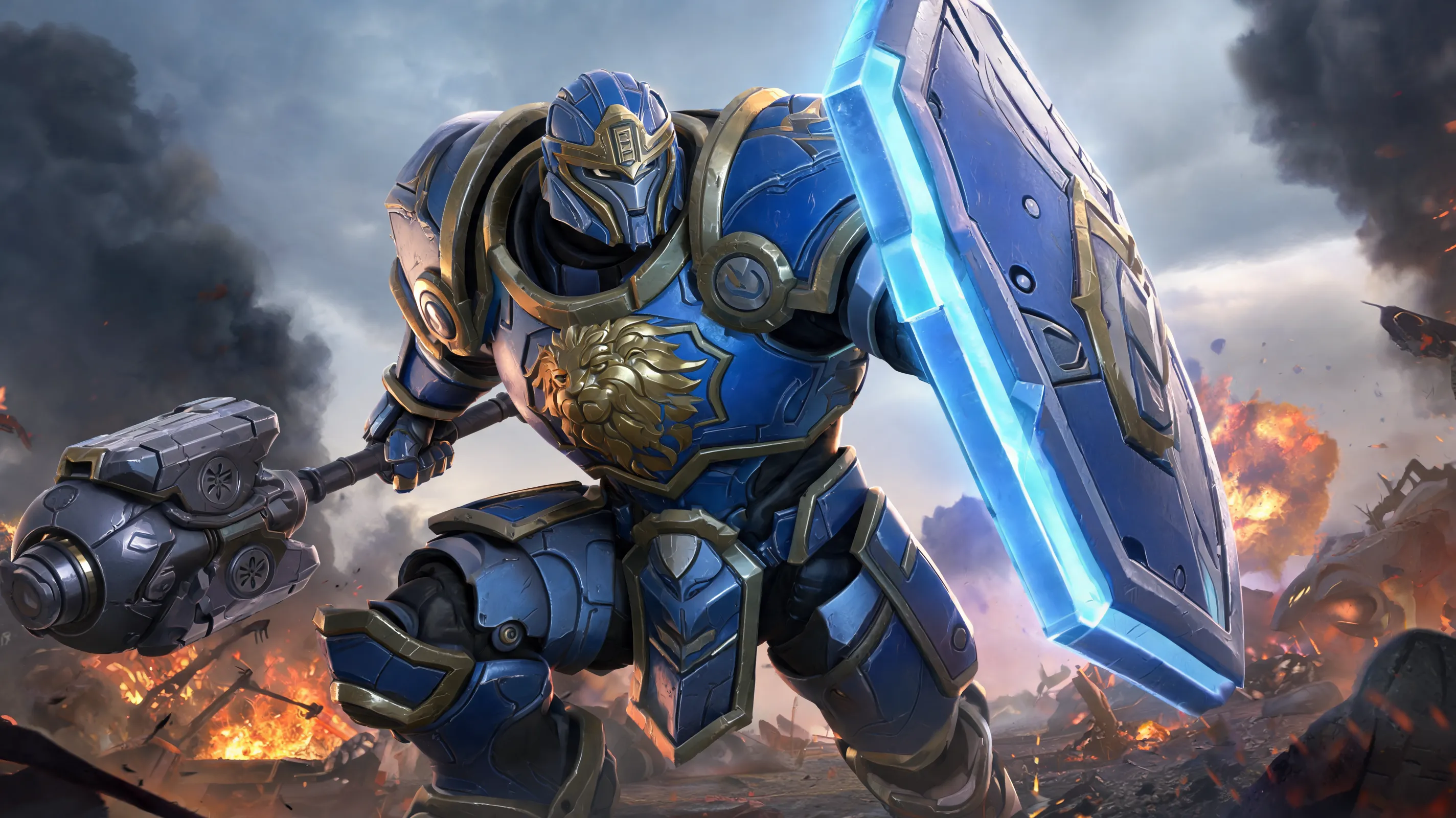 Overwatch Reinhardt, massive armored knight, rocket hammer, blue and gold crusader armor, lion crest, charging forward, energy shield, battlefield with fire and smoke, epic scale, dramatic lighting, hyper realistic, cinematic composition