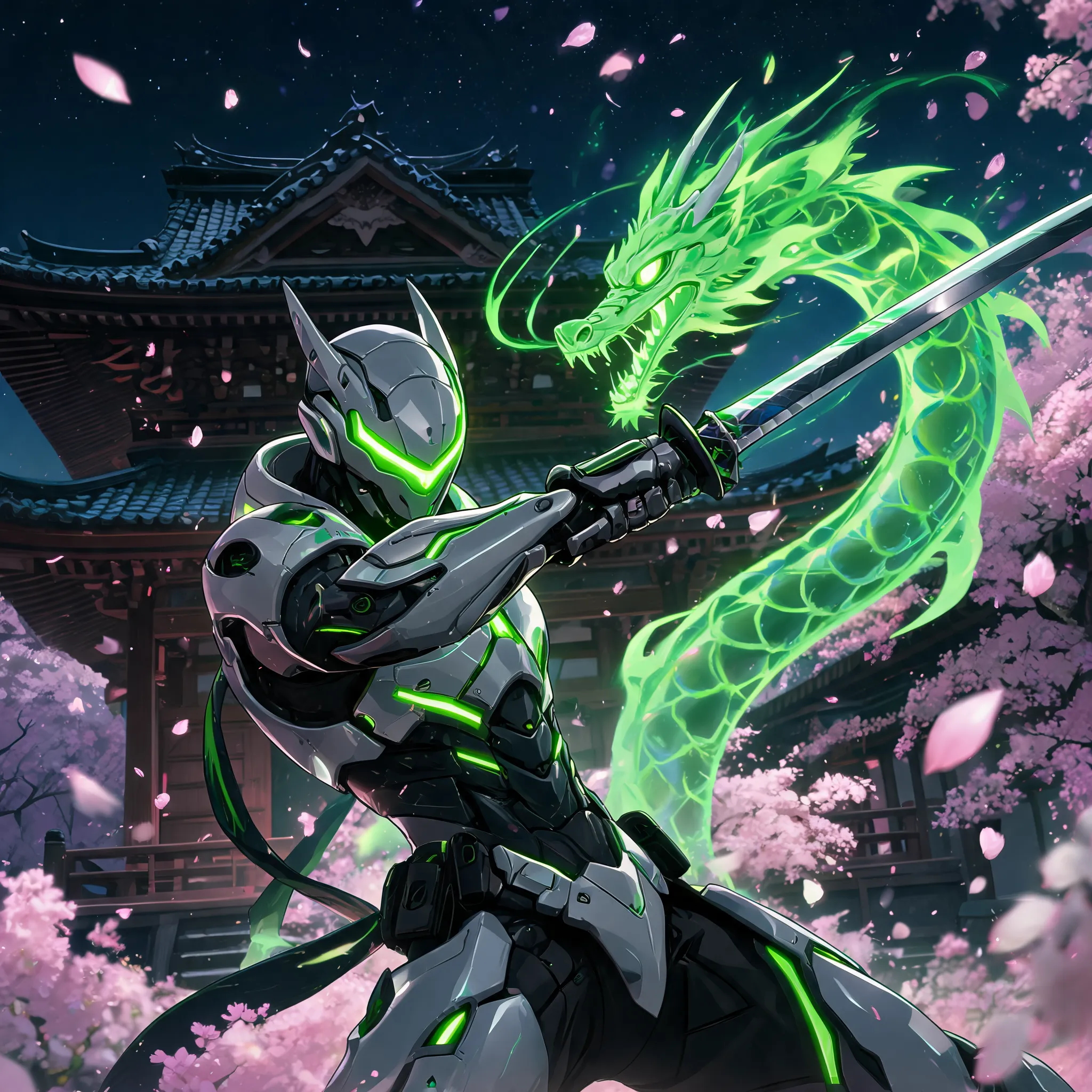 Overwatch Genji, cybernetic ninja, green and silver armor, glowing visor, katana drawn, dragon spirit swirling around blade, japanese temple at night, cherry blossoms, neon green energy, dynamic slash pose, anime cinematic style, highly detailed