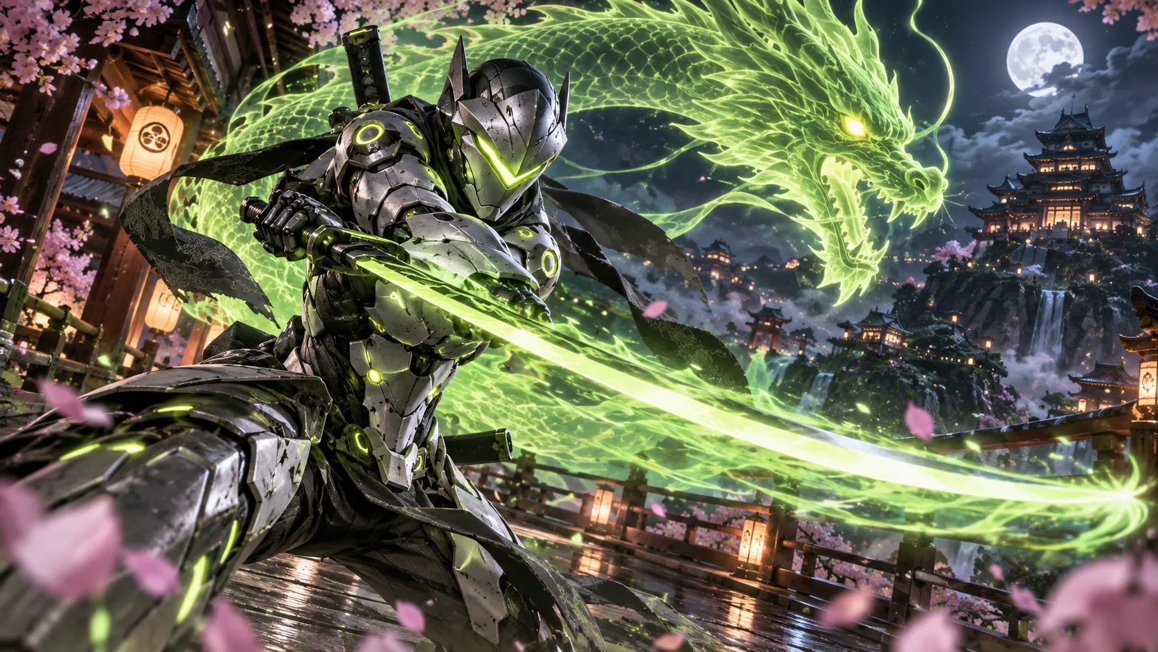Overwatch Genji, cybernetic ninja, green and silver armor, glowing visor, katana drawn, dragon spirit swirling around blade, japanese temple at night, cherry blossoms, neon green energy, dynamic slash pose, anime cinematic style, highly detailed