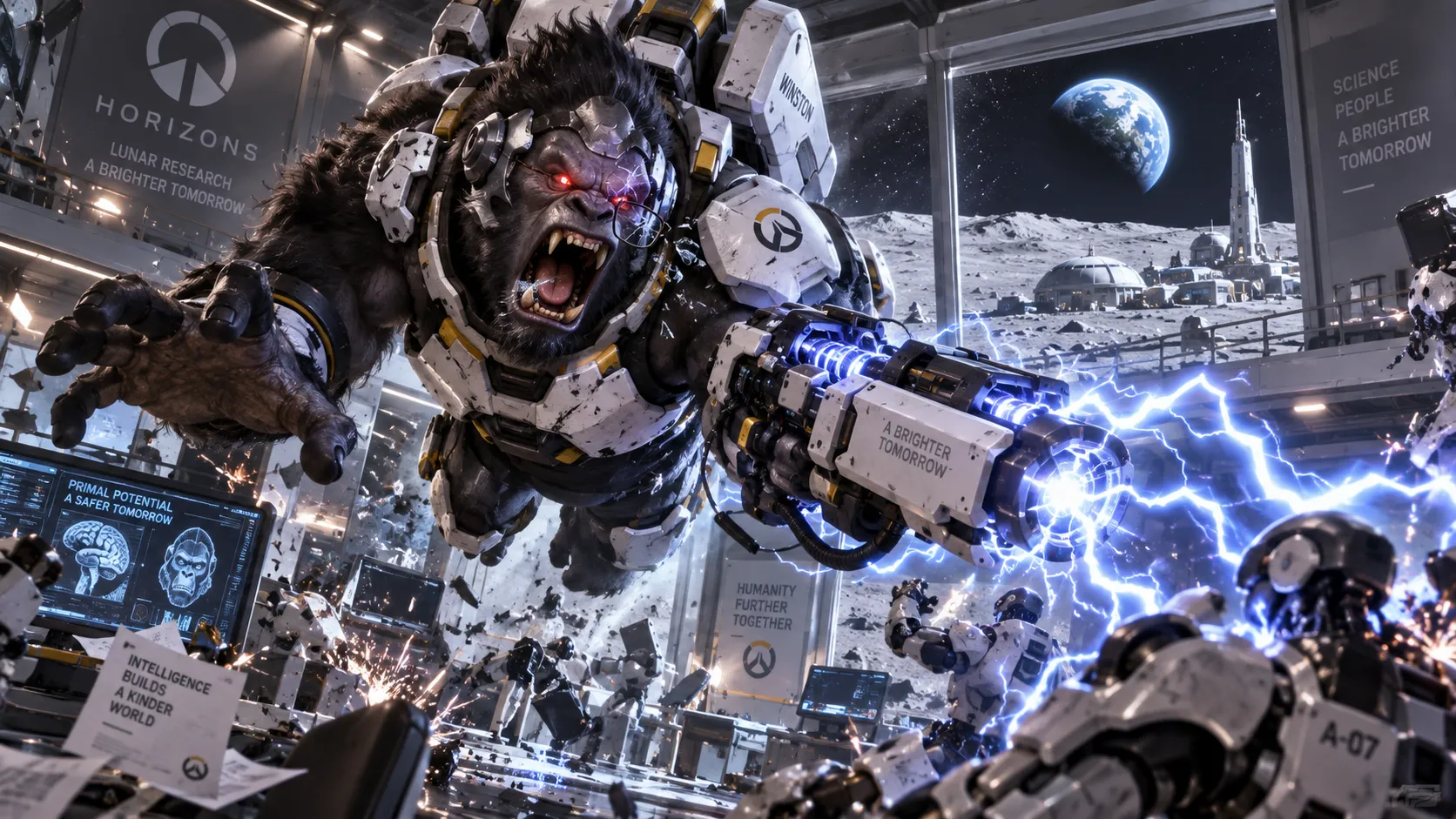 Overwatch Winston, genetically engineered gorilla scientist, tesla cannon, primal rage mode, glowing red eyes, jumping through the air, futuristic laboratory, moon base horizon, glasses broken, epic action scene, dramatic lighting, hyper detailed