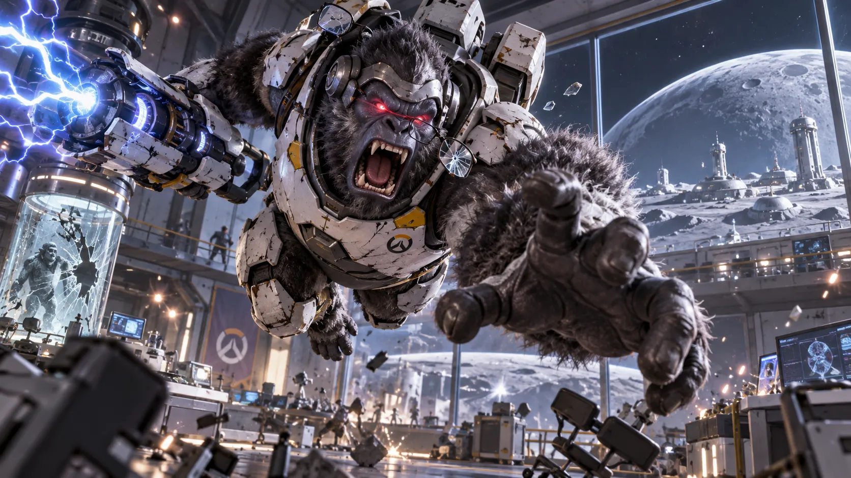Overwatch Winston, genetically engineered gorilla scientist, tesla cannon, primal rage mode, glowing red eyes, jumping through the air, futuristic laboratory, moon base horizon, glasses broken, epic action scene, dramatic lighting, hyper detailed