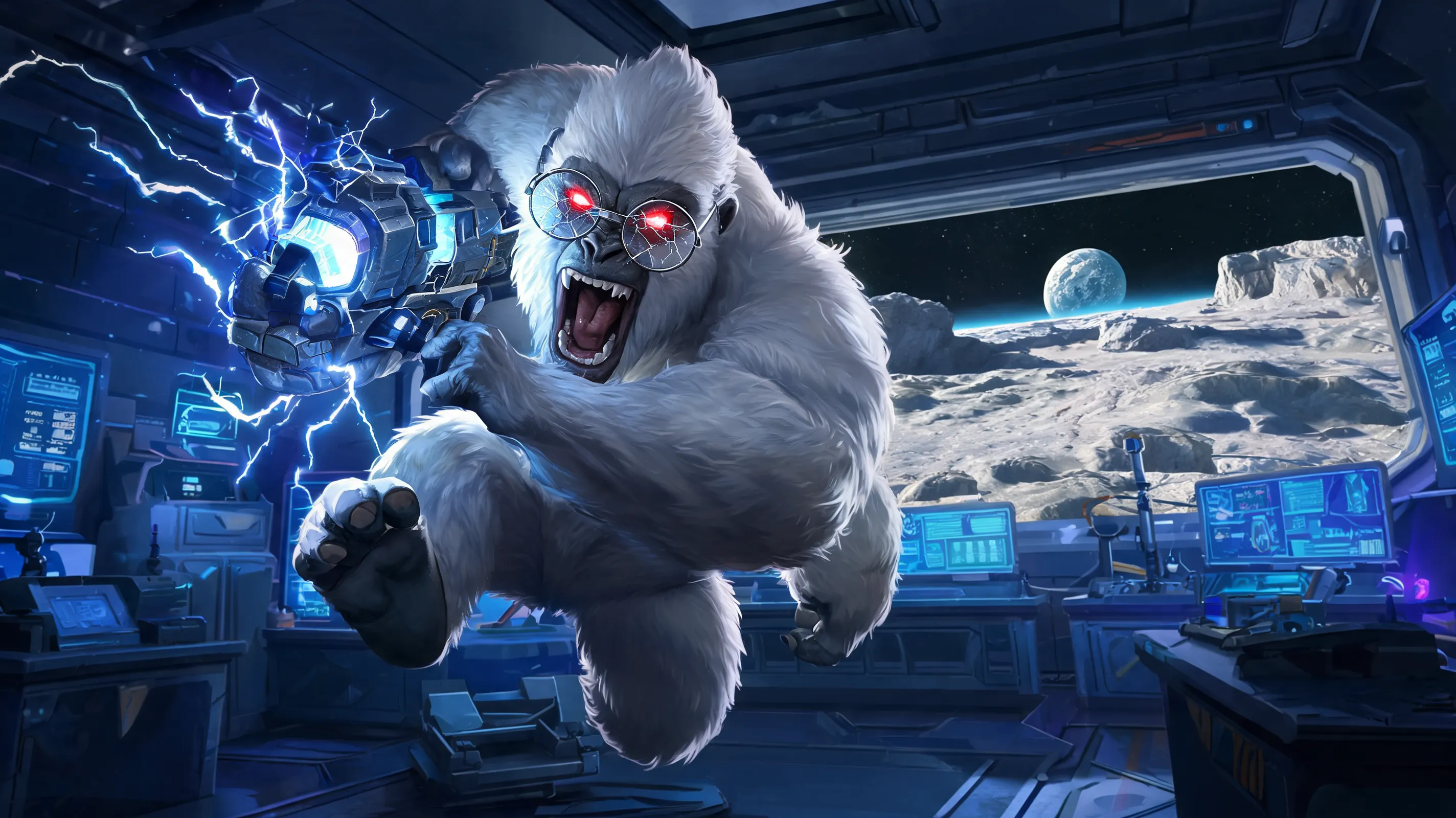 Overwatch Winston, genetically engineered gorilla scientist, tesla cannon, primal rage mode, glowing red eyes, jumping through the air, futuristic laboratory, moon base horizon, glasses broken, epic action scene, dramatic lighting, hyper detailed