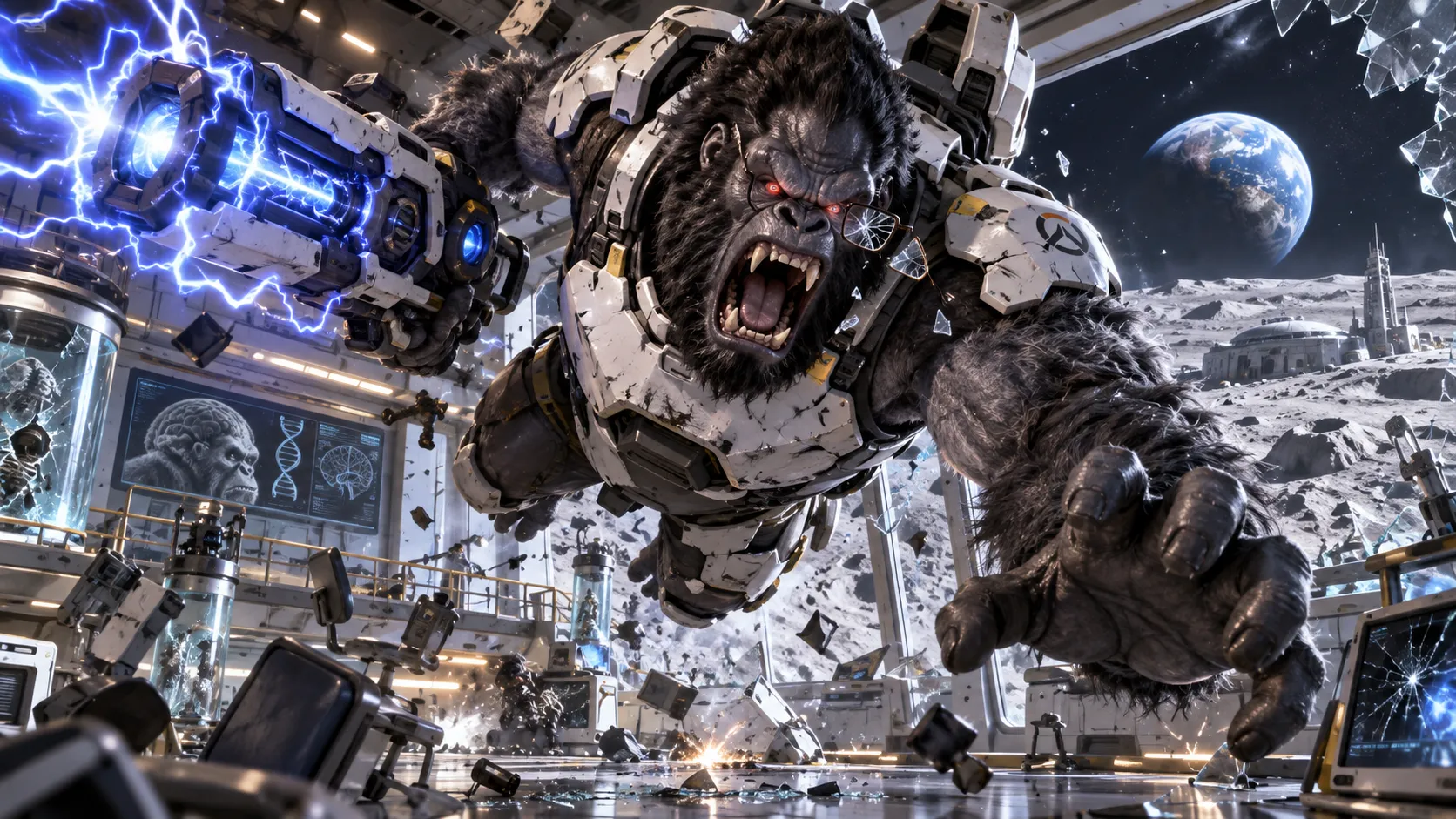Overwatch Winston, genetically engineered gorilla scientist, tesla cannon, primal rage mode, glowing red eyes, jumping through the air, futuristic laboratory, moon base horizon, glasses broken, epic action scene, dramatic lighting, hyper detailed