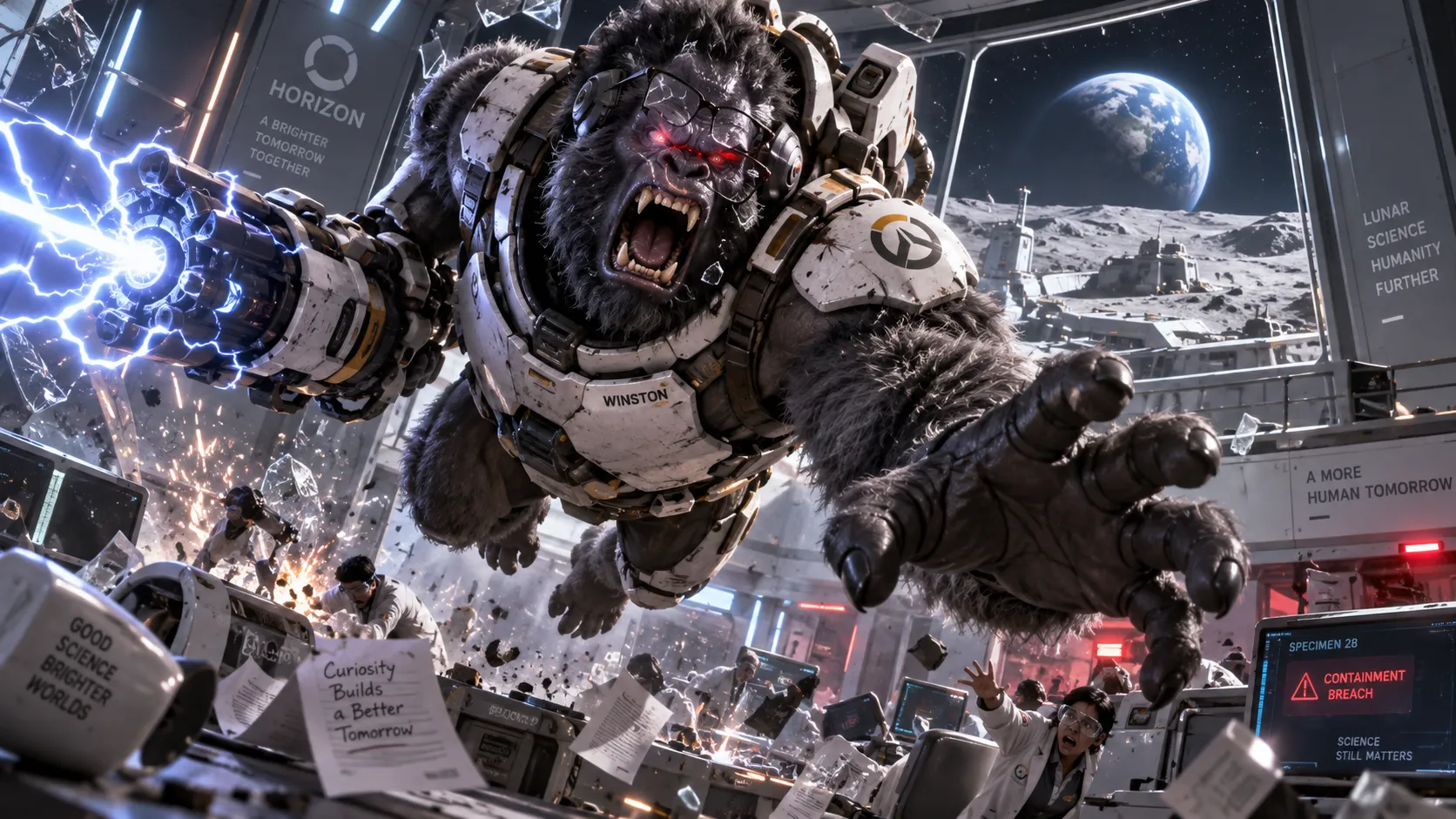 Overwatch Winston, genetically engineered gorilla scientist, tesla cannon, primal rage mode, glowing red eyes, jumping through the air, futuristic laboratory, moon base horizon, glasses broken, epic action scene, dramatic lighting, hyper detailed