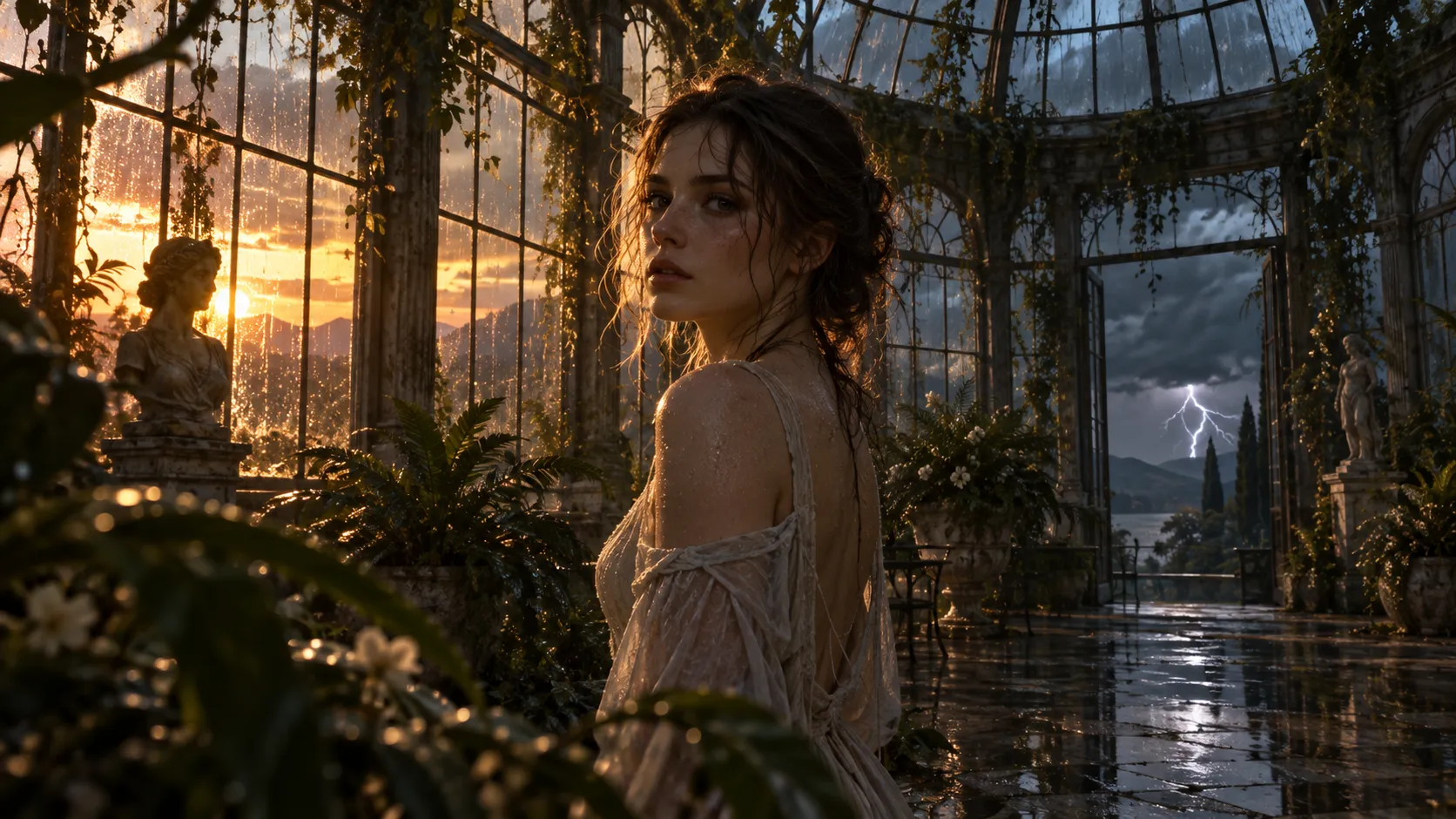 A highly realistic cinematic portrait of a young European woman standing inside an abandoned glass conservatory during a dramatic sunset storm. Multiple complex lighting conditions coexist naturally within the scene: warm orange sunlight breaks through storm clouds from the left, cool blue ambient skylight fills the shadows from above, intense reflections bounce from hundreds of wet glass panels, narrow beams of sunlight pass through hanging vines, and distant lightning briefly illuminates the dark clouds behind the building. Rainwater covers the glass walls and creates irregular reflections and refractions. Her damp hair catches a subtle golden rim light while individual water droplets remain visible on her skin and clothing. Her face is partially illuminated but retains natural shadow gradients without artificial beauty lighting. Wet stone floors reflect fragmented light rather than perfect mirror images. Several plants in the foreground create soft silhouettes and partial occlusion. Realistic human anatomy, natural skin pores, individual hair strands, physically plausible atmospheric scattering, realistic glass refraction, cinematic dynamic range, shot on an ARRI cinema camera with a 50mm anamorphic lens, subtle optical imperfections, sophisticated color science, photorealistic editorial cinematography.