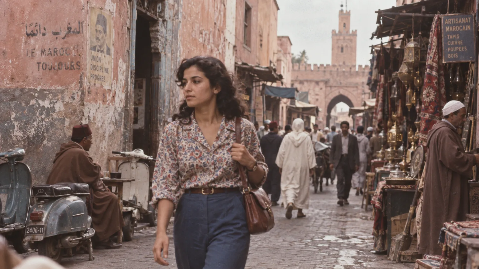 A candid cinematic photograph of a young Moroccan woman walking through a narrow old-town street in Marrakech in the late 1970s, wearing a simple patterned blouse, high-waisted trousers and a leather shoulder bag, looking slightly away from the camera as if unaware she is being photographed, faded painted walls, old scooters, market stalls and pedestrians in the background, subtle 35mm film grain, slightly faded colors, imperfect exposure, soft focus around the edges, authentic vintage documentary photography, no modern objects or clothing.