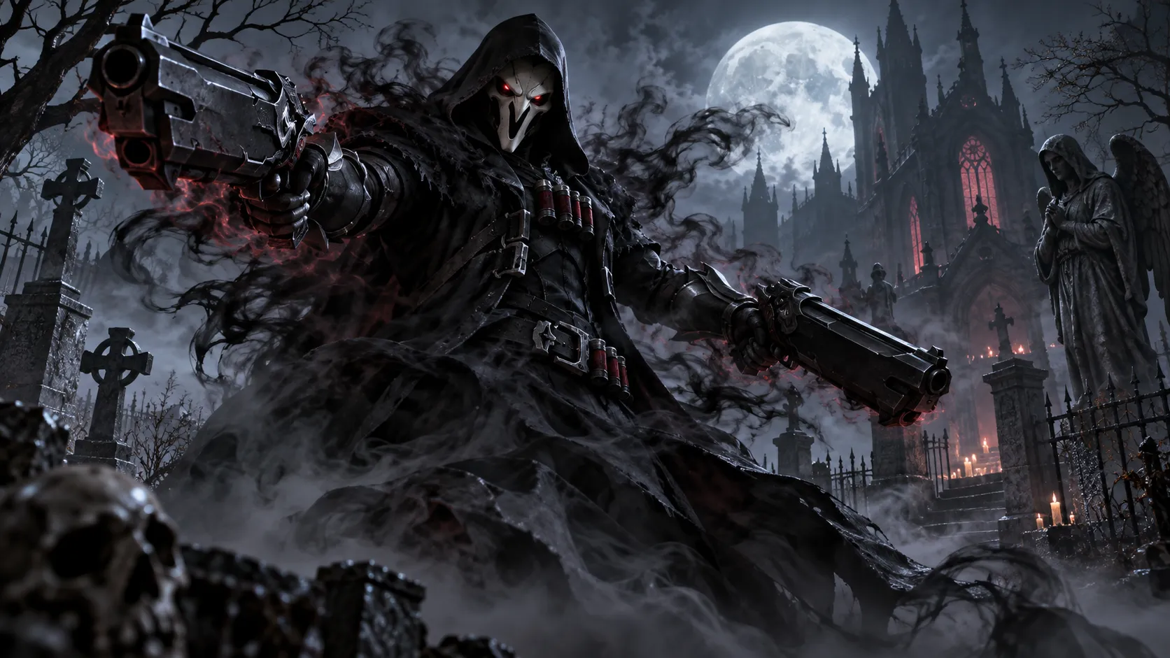 Overwatch Reaper, dark hooded figure, skull mask, black cloak, twin hellfire shotguns, smoke and shadow effects, red glowing eyes, graveyard at night, fog, gothic atmosphere, horror aesthetic, cinematic lighting, highly detailed