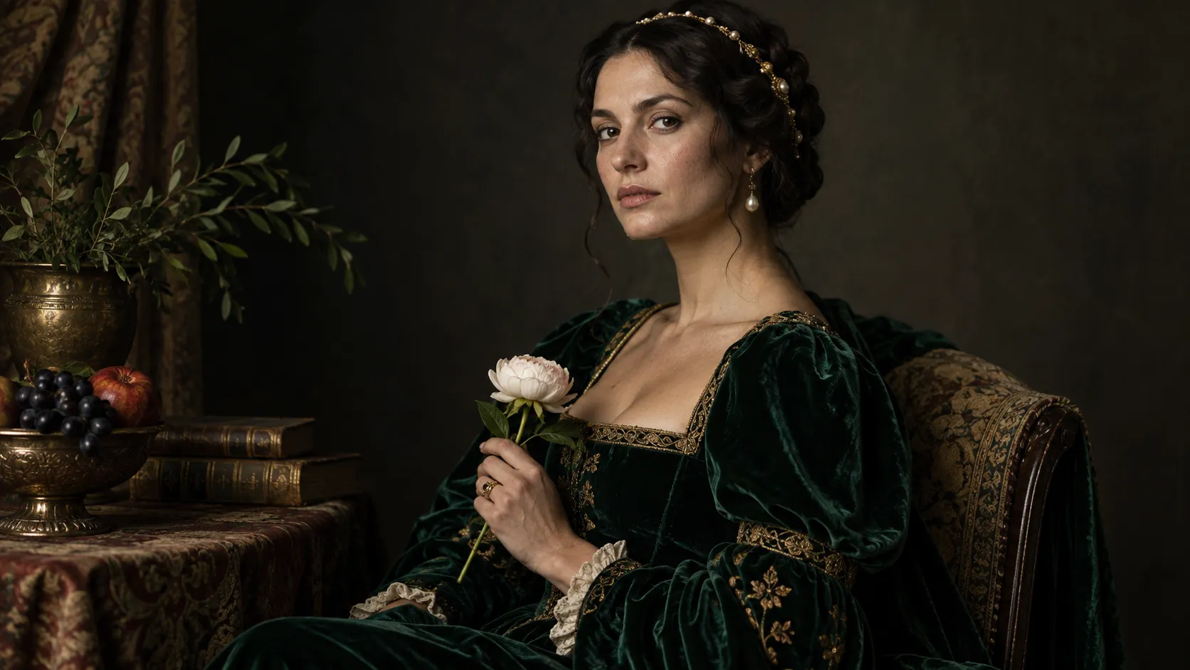 A highly detailed fine-art portrait of an elegant Italian woman styled as a contemporary reinterpretation of a Renaissance noblewoman, wearing a dark emerald velvet dress with subtle gold embroidery, holding a single pale flower, deep neutral background, restrained expression, carefully composed three-quarter pose, painterly directional illumination, rich textile texture, subtle chiaroscuro, realistic human anatomy and skin pores, photographed as if a contemporary fashion photographer recreated a Renaissance painting using a real model.