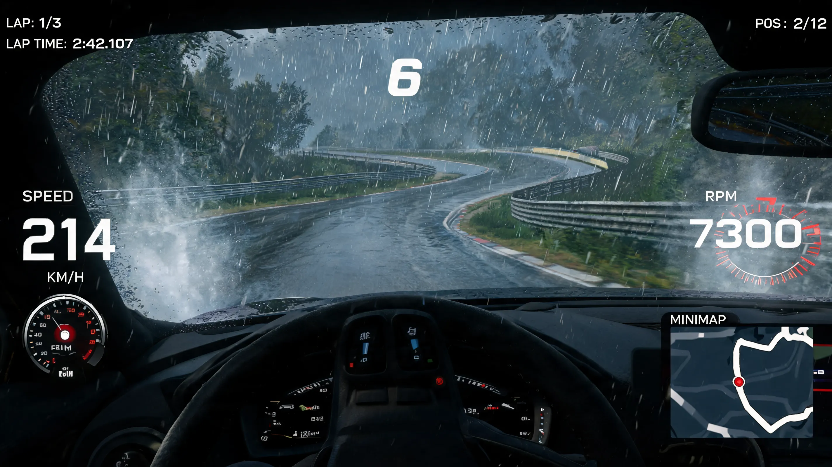 Forza Motorsport 8 gameplay screenshot, first-person cockpit view, racing at high speed on a rainy Nürburgring track, motion blur, dynamic water spray, full HUD UI overlay with speedometer, tachometer, gear indicator, minimap, lap time, position counter, realistic graphics, 4K, ultra detailed