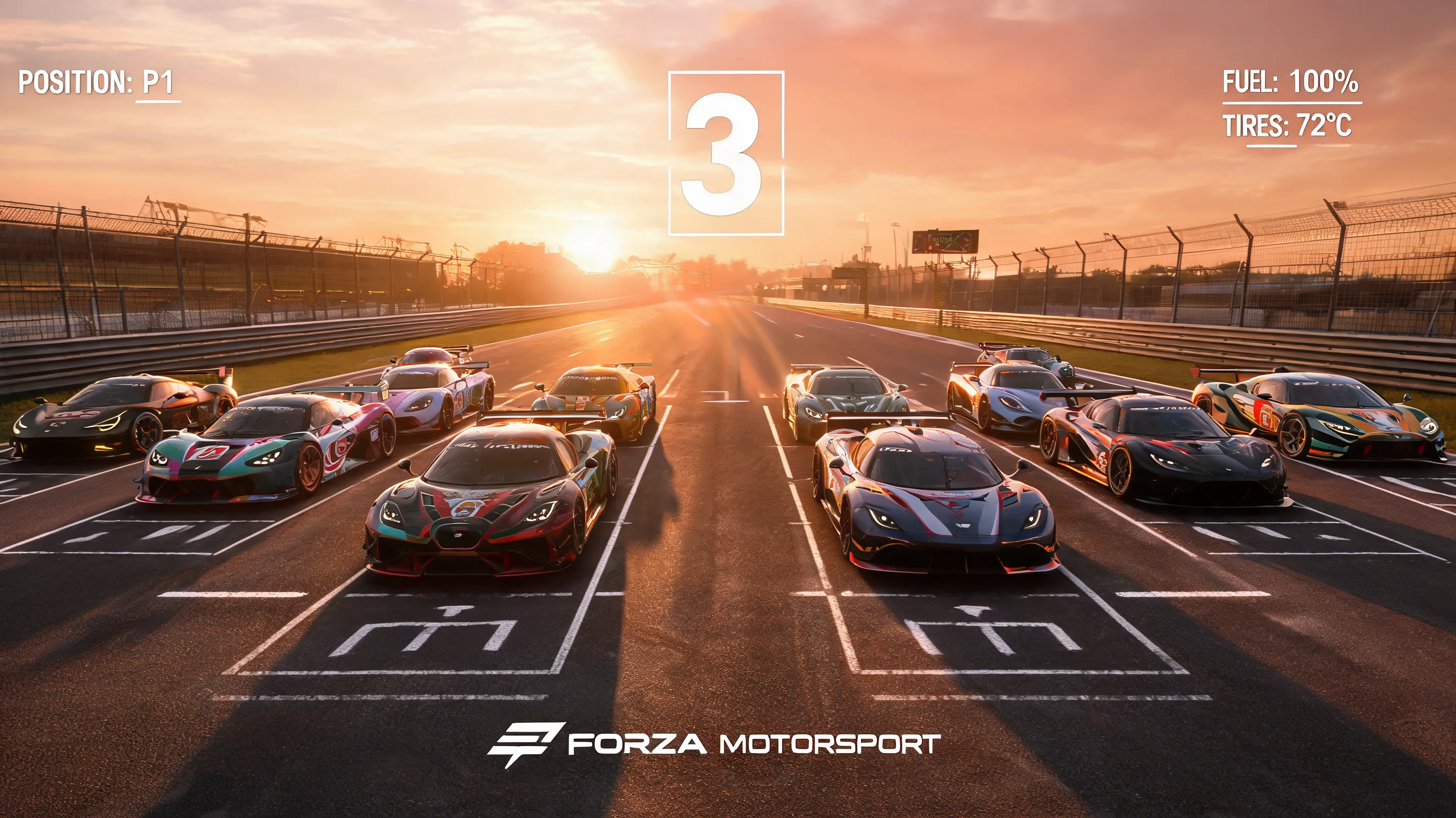 Forza Motorsport 8 race start screen, grid of supercars lined up on a sunset track, dramatic lighting, lens flare, UI elements showing race position, countdown timer, tire temperature, fuel gauge, minimalist modern racing interface, cinematic, 8K