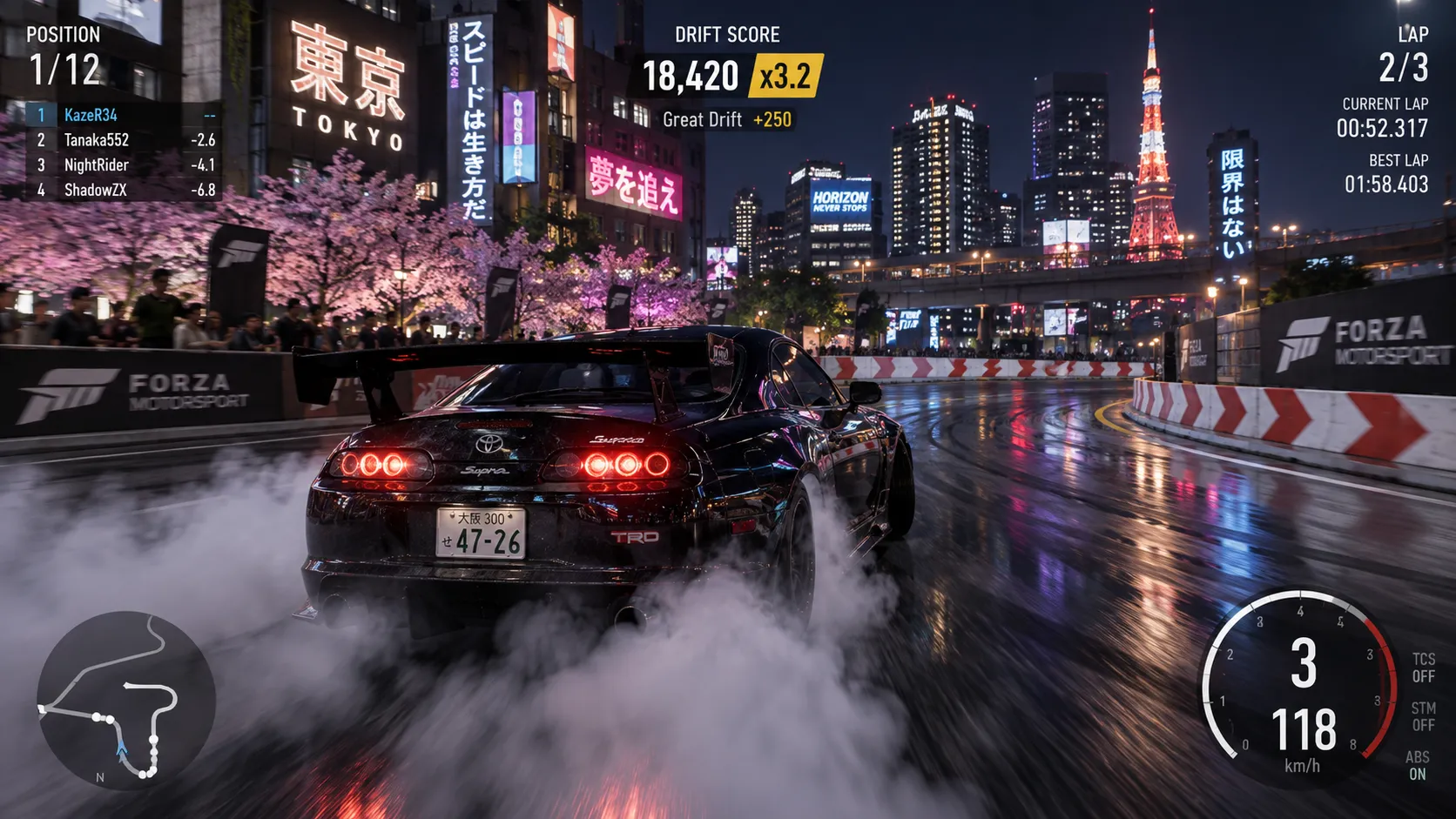 orza Motorsport 8 third-person chase camera, drifting a JDM sports car through a tight corner, tire smoke, neon city night track, HUD with drift score, combo multiplier, speedometer, gear display, mini leaderboard, vibrant colors, ray tracing