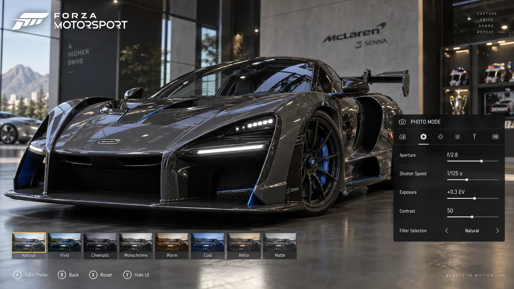 Forza Motorsport 8 photo mode interface, close-up of a hypercar in a garage, UI panels for aperture, shutter speed, exposure, contrast, filter selection, watermark logo, realistic reflections, studio lighting, ultra HD
