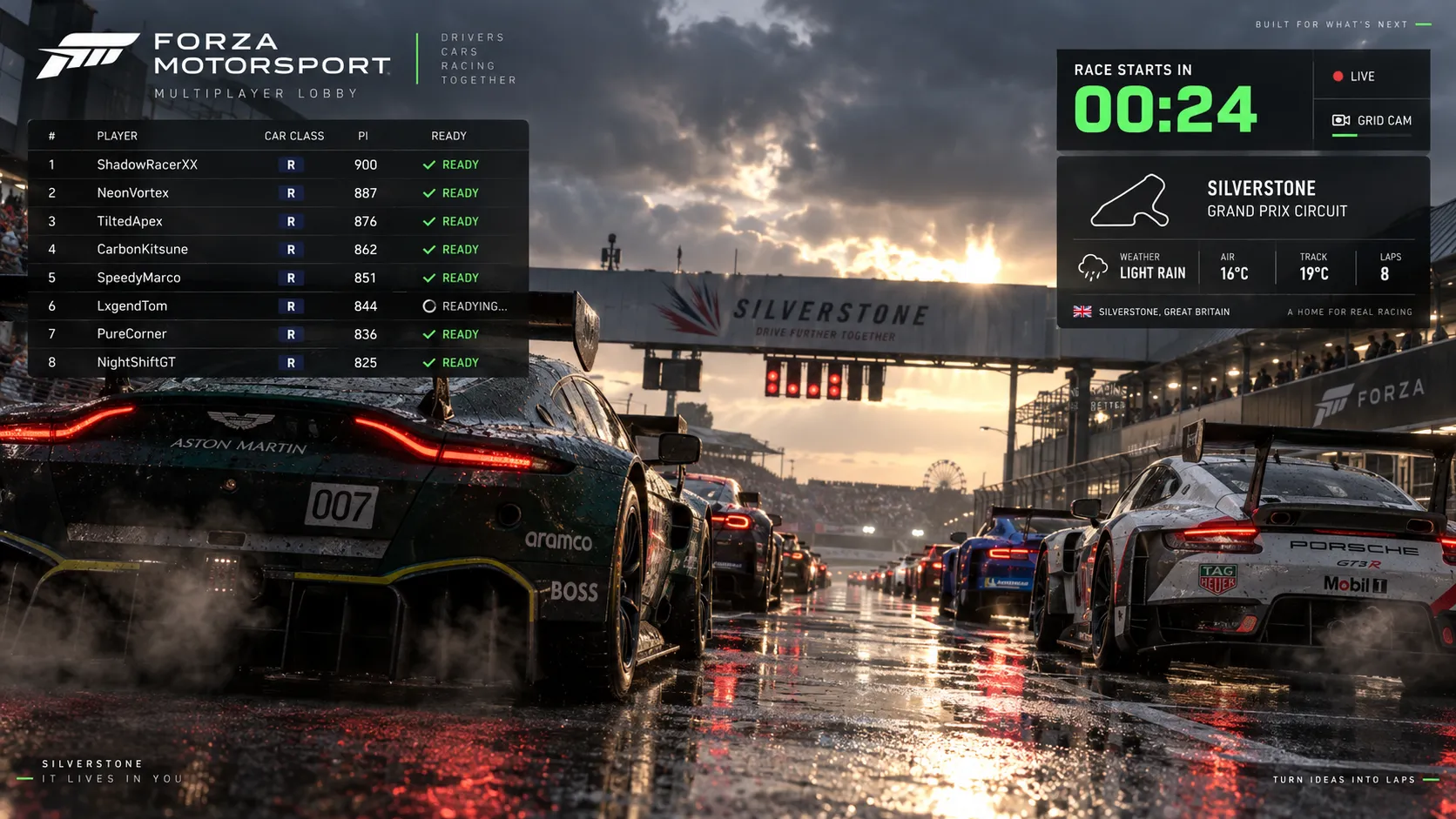 Forza Motorsport 8 multiplayer lobby screen, cars revving on starting line, UI showing player list, car class, PI rating, track name, weather conditions, countdown to race, esports broadcast style overlay, 4K
