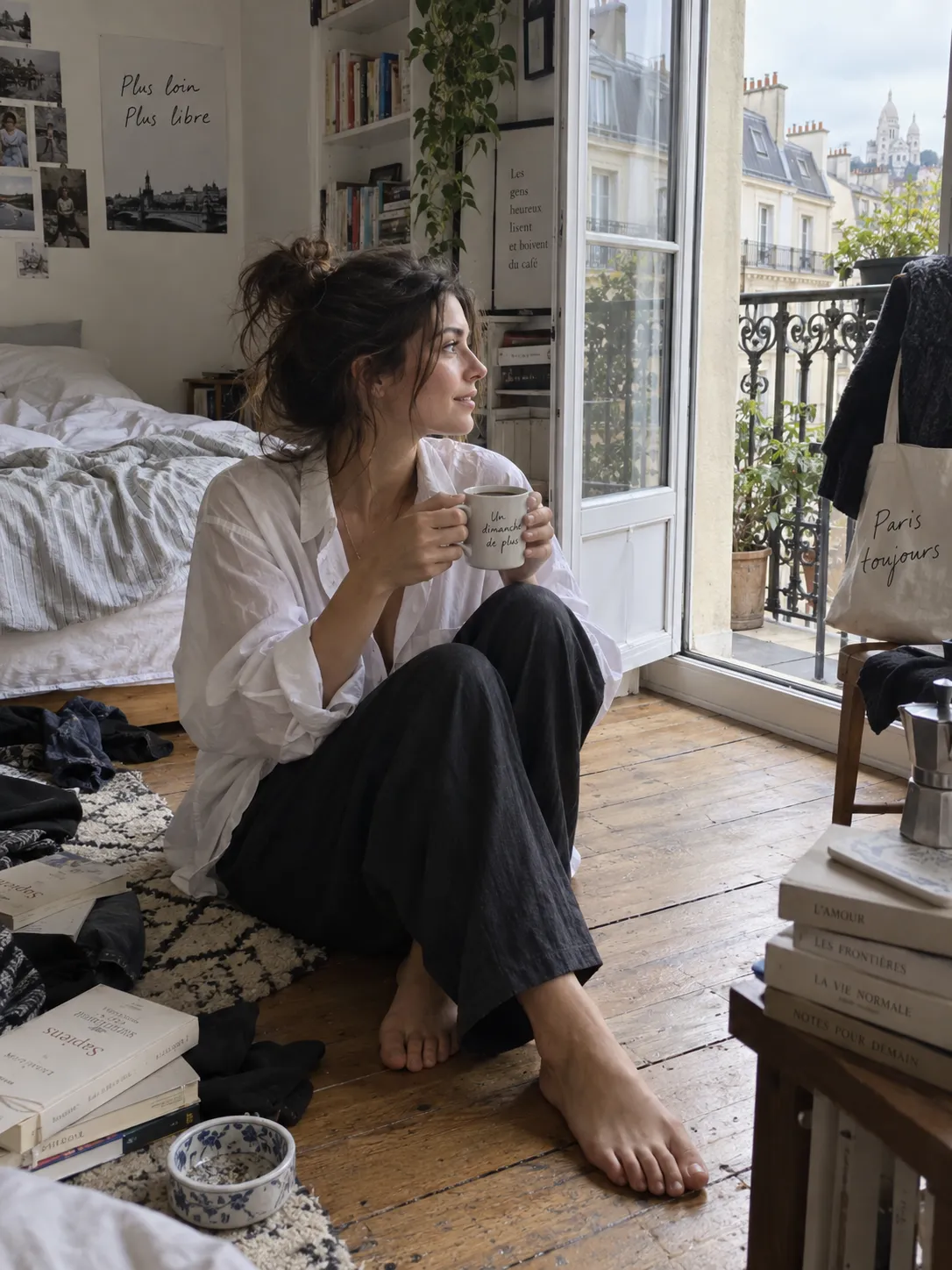 A natural lifestyle photograph of a young French woman sitting barefoot on the wooden floor of a small Paris apartment on a Sunday morning, oversized white shirt, loose dark trousers, messy hair, drinking coffee while looking through an open balcony door, unmade bed partially visible behind her, books and clothes casually scattered around the room, soft natural daylight, subtle shadows, muted colors, 28mm documentary photography, realistic imperfections and completely unposed body language.