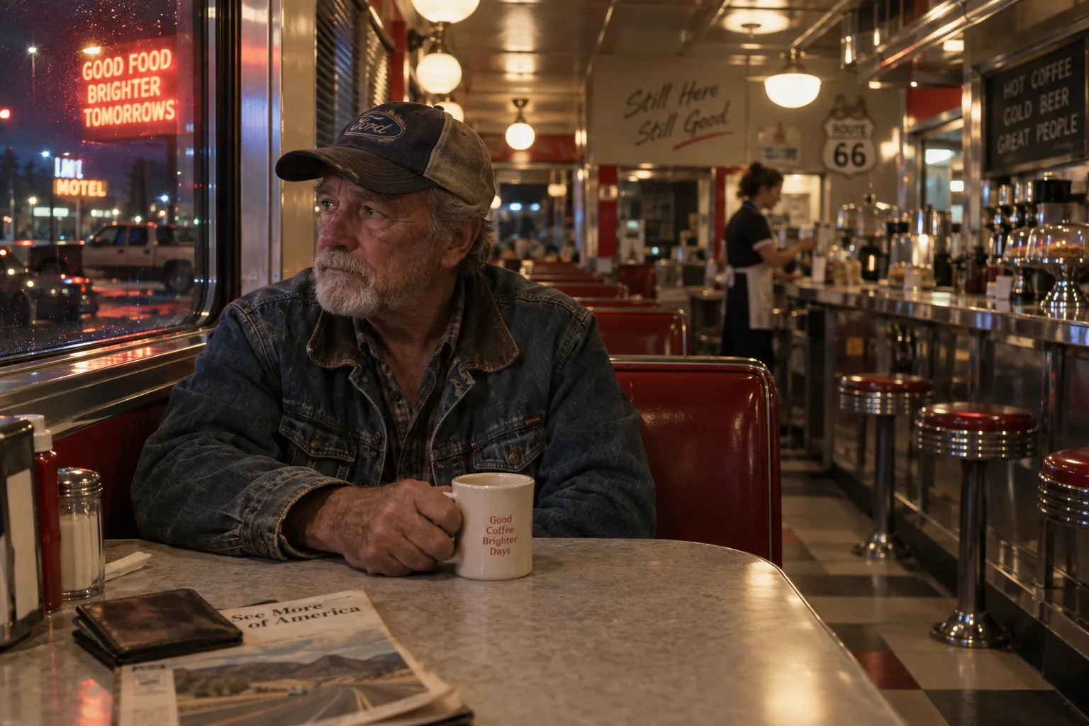 A cinematic environmental portrait of an older American man sitting alone inside a classic roadside diner at midnight, wearing a worn denim jacket and faded baseball cap, a half-finished cup of coffee on the table, chrome counter surfaces and red vinyl booths surrounding him, waitress blurred in the background, warm practical lights reflecting naturally across metal surfaces, realistic wrinkles and weathered hands, 35mm film photography, subtle grain, authentic American road-trip atmosphere.