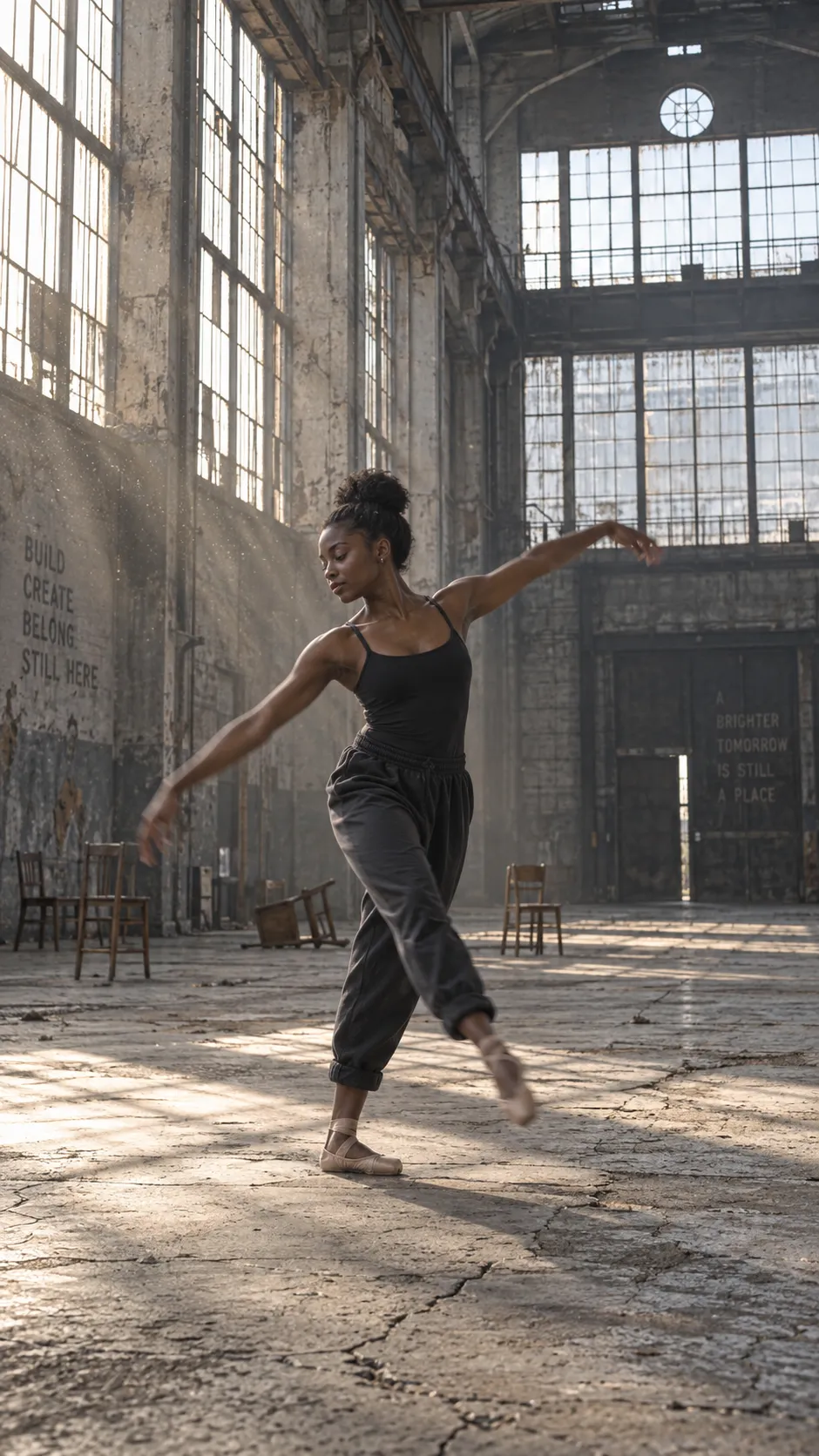 A black female ballet dancer practicing alone inside a huge abandoned industrial warehouse, wearing simple rehearsal clothes rather than a stage costume, captured in the middle of an imperfect movement with one foot slightly off balance, enormous windows illuminating dust particles in the air, cracked concrete floor, discarded wooden chairs in the background, minimalist fine-art photography, full-body composition, realistic anatomy, natural muscle definition, subtle motion blur in the moving limbs.