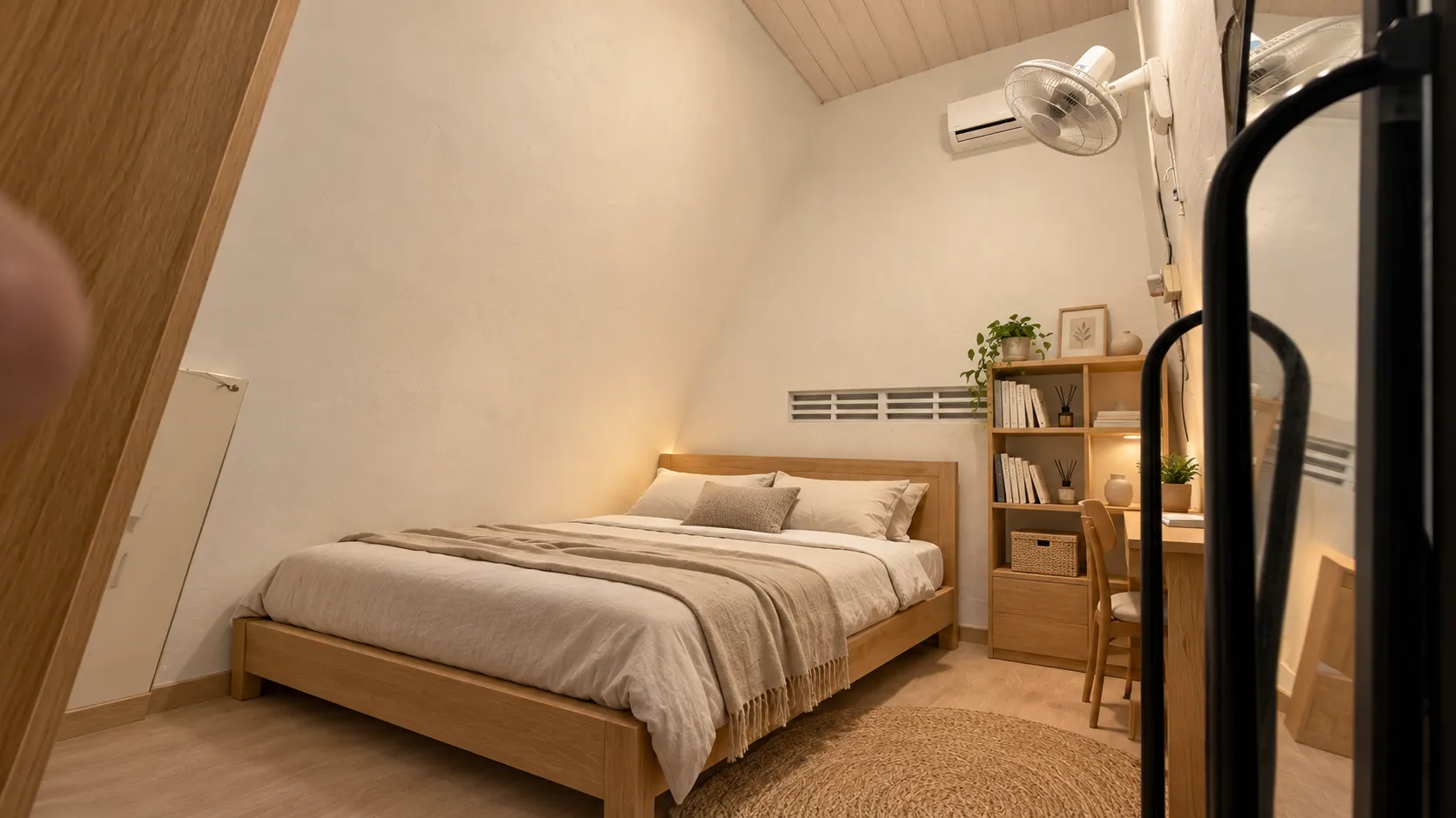 Design this room in a Modern Minimalist style. Retain the original walls, windows, staircase (if applicable), floor plan, and camera angle. Use wallpaper with stylized patterns to add depth to the space.