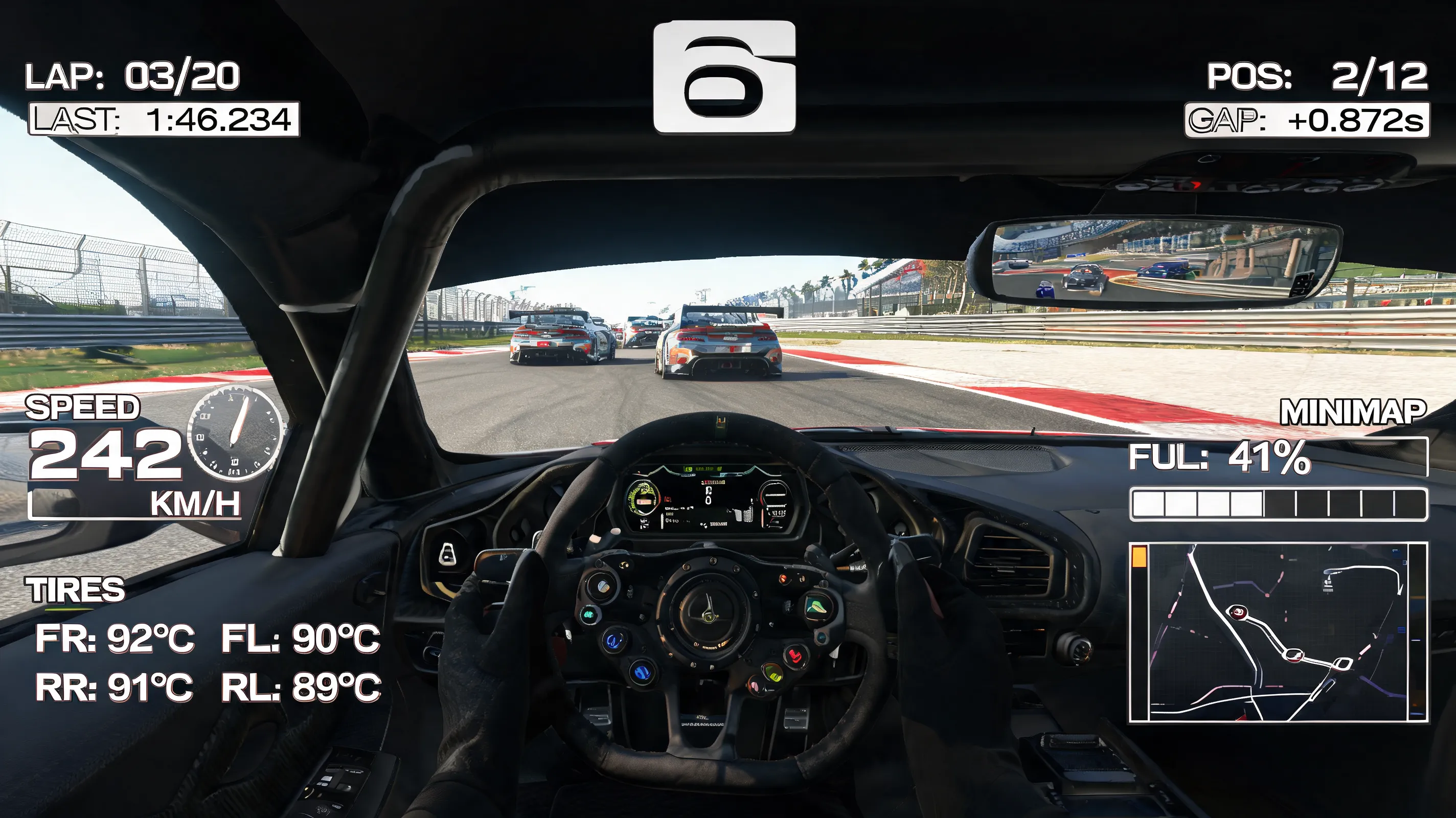 Assetto Corsa Competizione screenshot, GT3 race car cockpit view, full racing HUD with speedometer, gear indicator, lap timer, minimap, tire temperature widget, fuel gauge, position tower, 4K ultra detailed sim racing, realistic lighting