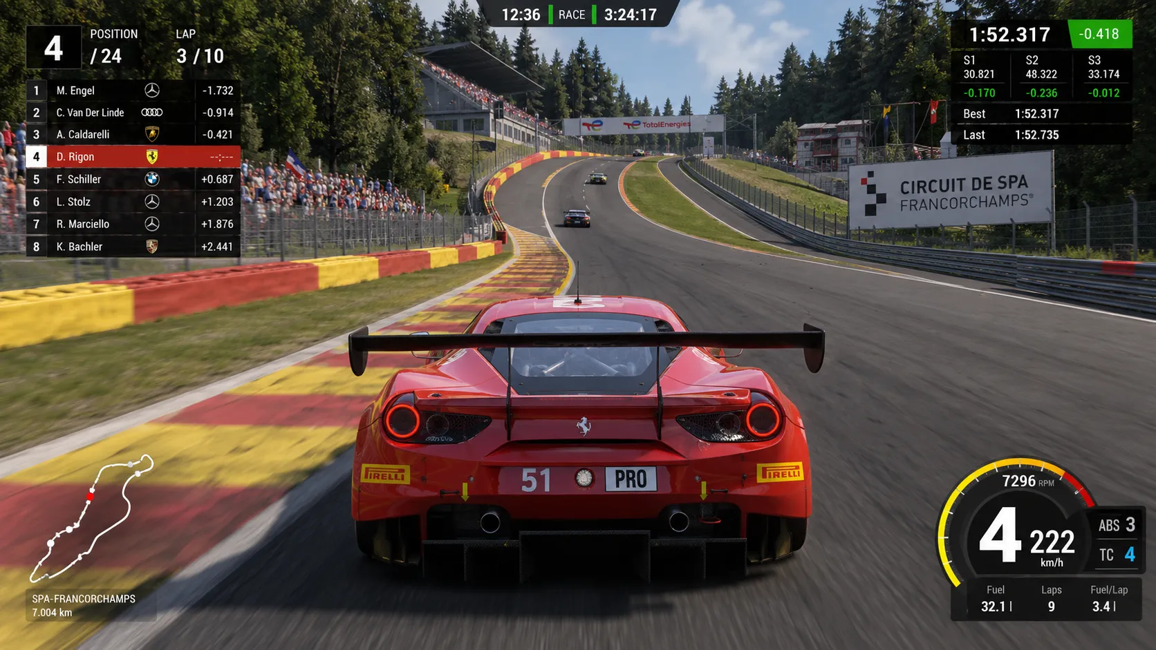 Assetto Corsa Competizione gameplay, chase camera behind Ferrari 488 GT3 on Spa-Francorchamps, complete UI overlay with rev counter, delta time, sector times, leaderboard, ABS and TC indicators, photorealistic, 1440p
