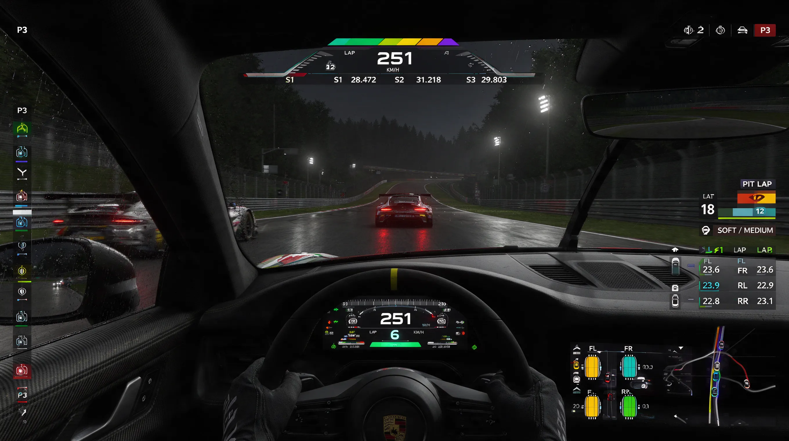 Assetto Corsa Competizione, night race at Monza, onboard camera, glowing dashboard HUD, speed and gear display, pit strategy widget, tire pressure UI, radar, broadcast-style overlay, cinematic realism