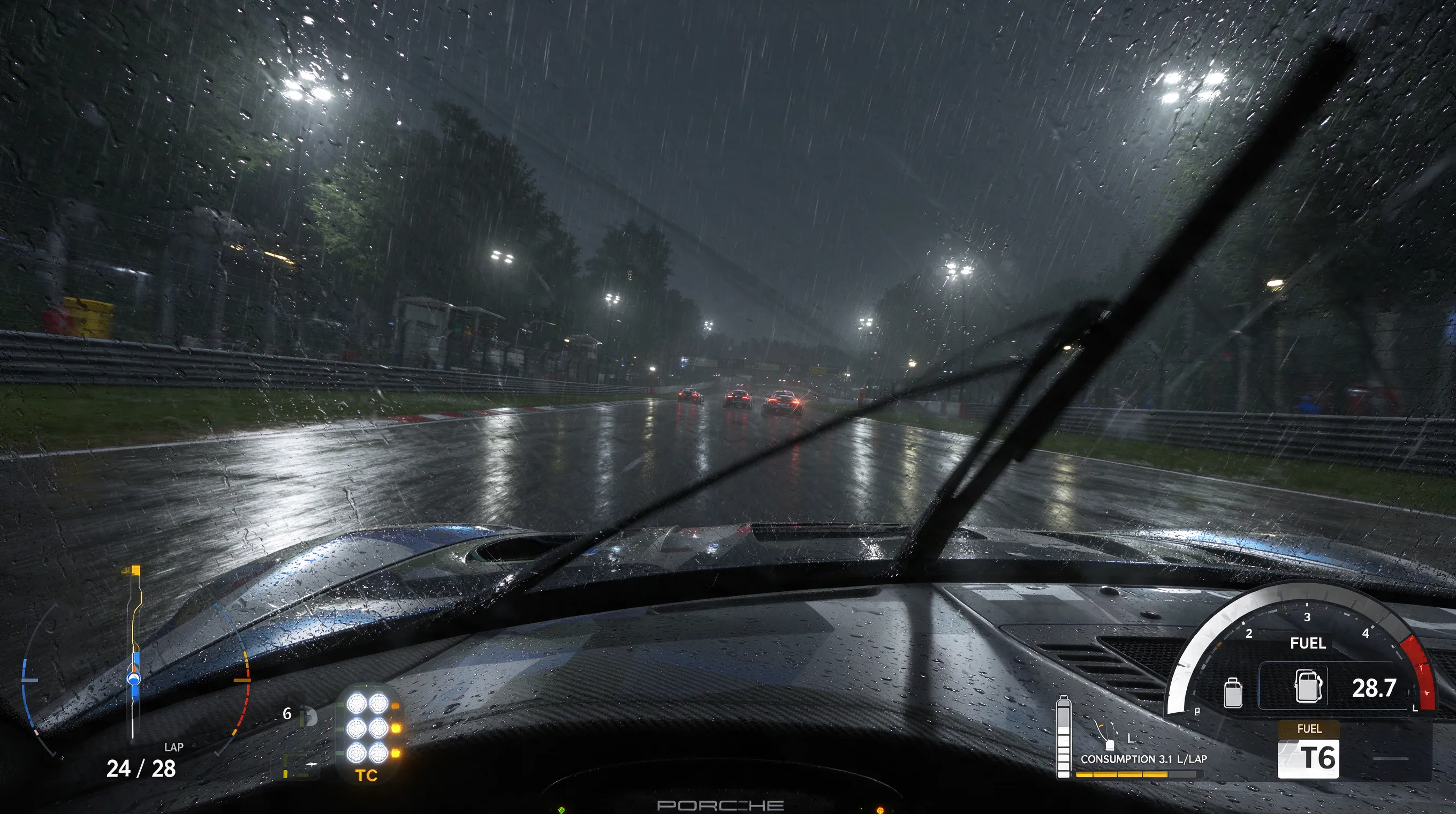Assetto Corsa Competizione, rain race, Porsche 911 GT3 R, hood camera view, wet weather HUD, traction control lights, windshield wipers, lap counter, fuel consumption UI, dynamic reflections, ultra realistic