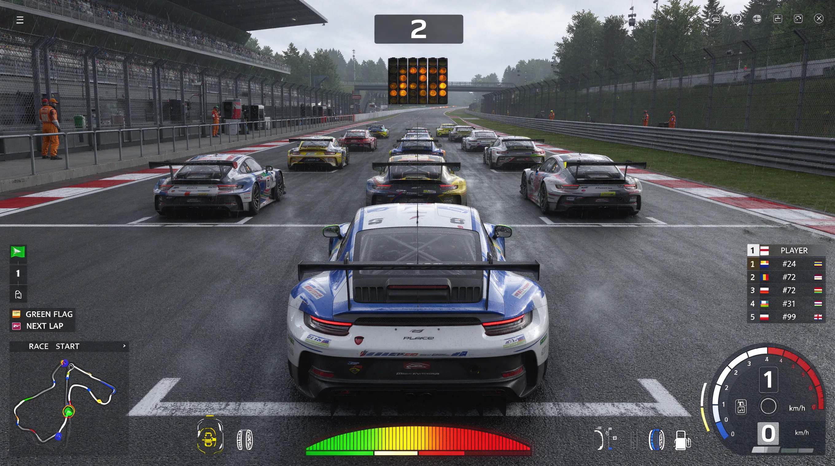 Assetto Corsa Competizione, starting grid at Nürburgring GP, multiple GT3 cars, race start UI, countdown timer, position list, flag indicators, HUD overlay with rev bar, detailed textures, 4K screenshot