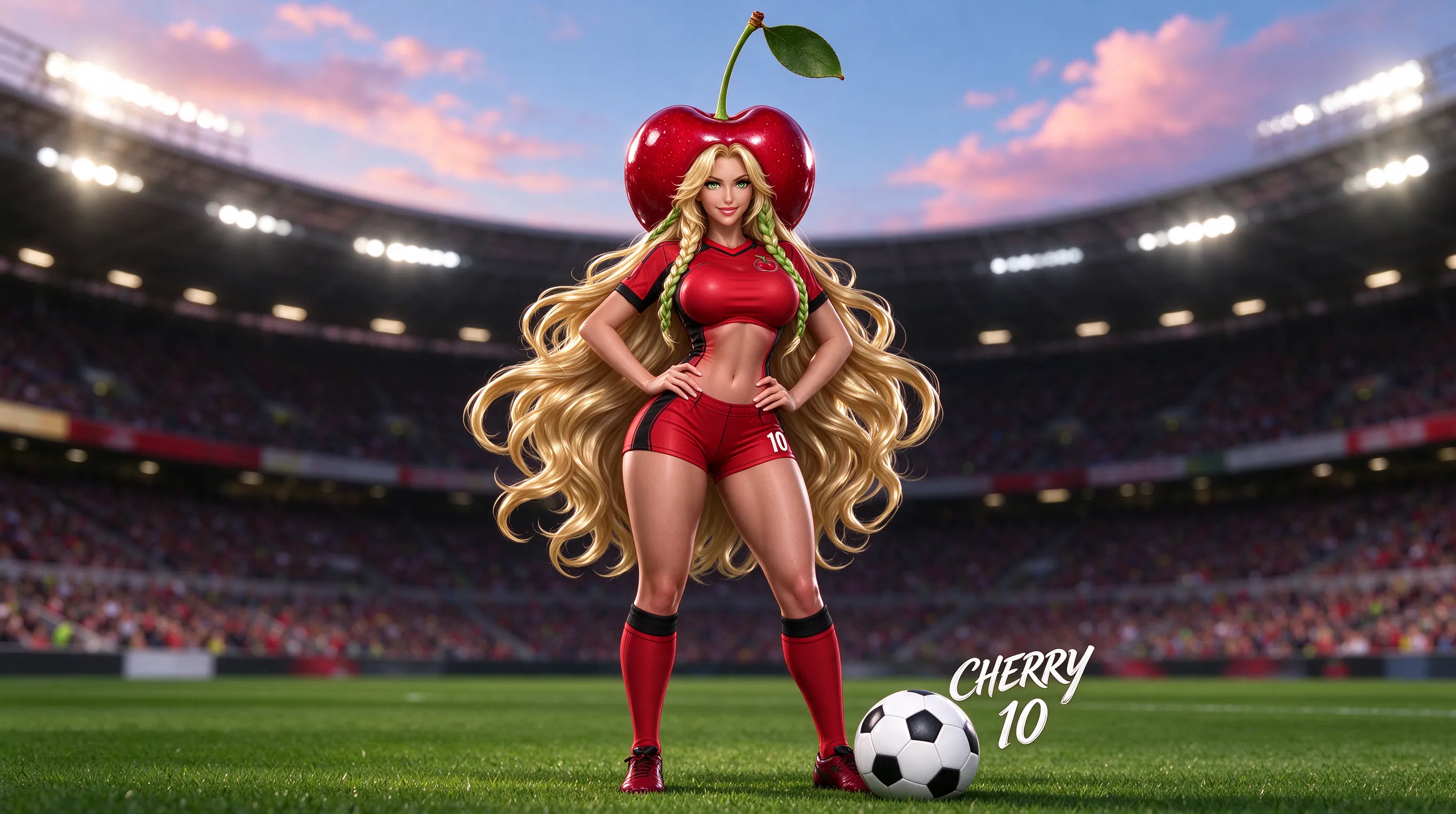 Generate this fruit charater for me: - [FRUIT]: apple - [ROLE]: football player quiero hacer un personaje de fruta cereza con facciones una humana mujer con el cabello largo muy largo en hondas rubia dorada llamativa curbas super pronunciadas grande senos grandes cintura pequeña hermosa ojos verdes en fruta cereza