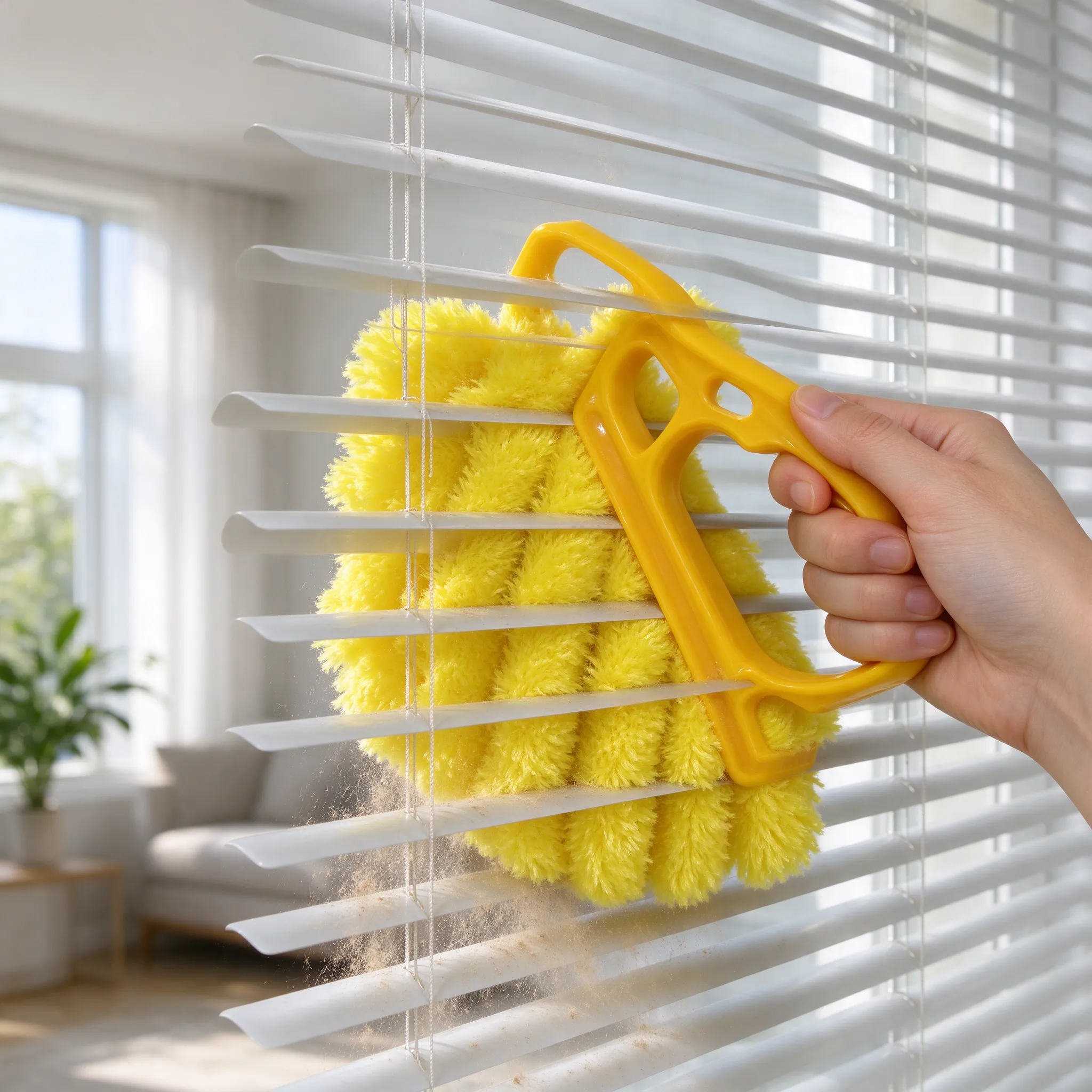 Create a 970 × 600 px premium photorealistic Amazon A+ lifestyle image using the uploaded product image as the exact product reference. Show the exact yellow Microfiber Blind Cleaner Duster Brush being used to clean horizontal window blinds in a bright, modern home. A realistic adult hand naturally holds the original yellow handle. Position the multiple yellow microfiber fingers clearly between several horizontal blind slats, showing how the fingers reach into the narrow spaces between the slats. Show a realistic amount of everyday dust being lifted from the blind surfaces. Keep the cleaning effect subtle and natural, without dramatic dust clouds. Use a premium modern home interior with a large bright window, neutral walls, natural daylight, realistic shadows and professional commercial product photography. Composition: Place the window blinds, hand and product mainly on the right 60–65% of the image. Keep the left 35–40% clean, bright and uncluttered for the A+ headline and body text. The product must be sharply focused and immediately recognizable. Negative instructions: No product redesign, no different handle, no different color, no extra attachments, no spray bottle, no cleaning chemicals, no vacuum cleaner, no text embedded inside the image, no logo, no watermark.