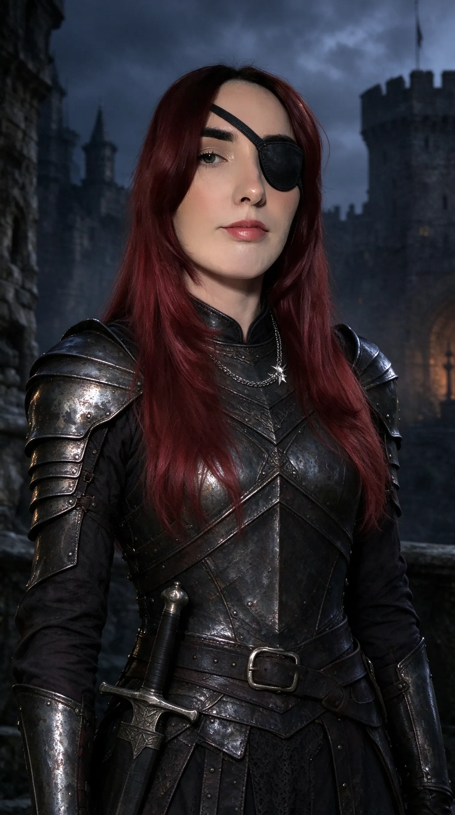 Generate a character with Game Of Thrones Style. Wearing armor, sheathed sword on hip, black leather eyepatch on left eye