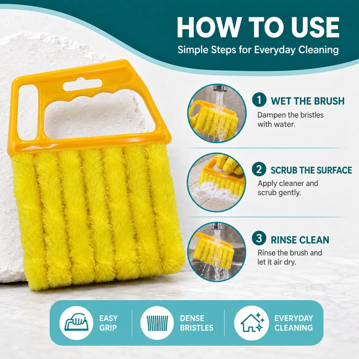 Generate the Amazon listing product image for my product with this style. You are an expert in creating Amazon product images for amazon listings. You have already created 1lakh + images for amazon listings. You should first read the below my product description, key features, product dimensions and FAQ. Description Efficiently clean your home with the microfiber blind cleaner duster brush. This innovative tool simplifies dusting window blinds, AC vents, and narrow gaps, making your cleaning routine quicker and more effective. Its unique design allows you to clean multiple slats at once, ensuring a thorough dust removal with minimal effort. Key features Multiple microfiber fingers clean several blind slats in one single pull. Wraps around each slat so top and underside are dusted together. Soft fibres hold dust in place instead of pushing it into the air. Sleeves pull off the frame for rinsing or machine washing. Slim fingers slide into AC vents, radiators, and narrow gaps. Comfortable moulded handle gives control while working overhead. Works dry for dusting or slightly damp for sticky kitchen grime. Reusable design replaces piles of disposable dusting wipes. Materials & care Material: Microfiber Sleeves with Plastic Frame and Handle. Care: Removable sleeves are washable and reusable. FAQ Q1: What is a yellow microfiber blind cleaner duster brush? A: It is a cleaning tool designed with multiple microfiber fingers to efficiently clean window blinds, AC vents, and narrow gaps, capturing dust effectively. Q2: Can the sleeves be washed? A: Yes, the microfiber sleeves are removable and can be rinsed or machine washed for repeated use. Q3: What surfaces can this duster be used on? A: It is ideal for venetian blinds, vertical blinds, window shutters, split AC vents, air cooler grills, exhaust fan louvres, ceiling fan blades, radiators, heater fins, and narrow gaps. Q4: Is this duster suitable for wet cleaning? A: Yes, it works dry for dusting or slightly damp for tack