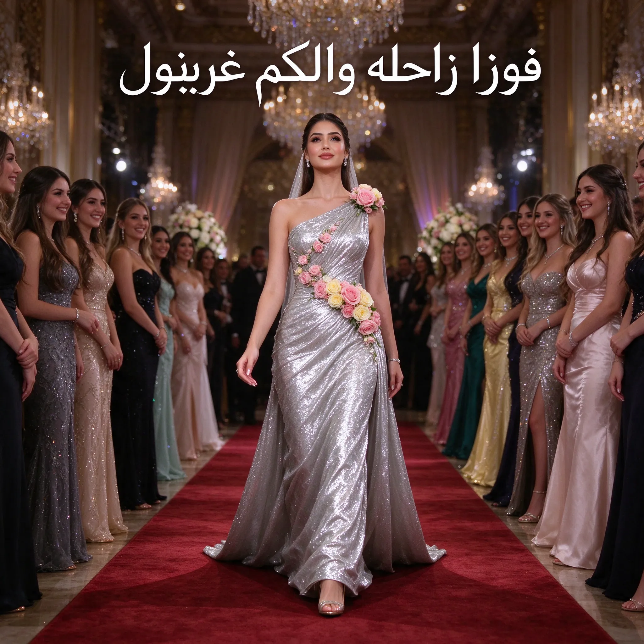 صوره بنت هي بحفله والبنات كلهن عم يطلعوا عليها وهي بتمشي عالسداجه الحمراء ولابسه فستان فضي اكتب فوزوا زاحله والكم غربول وله اخر شيء هيك نفخه جايه عالكف اليد والفستان طويل لكعب الاجر وهي من فوق على الصدر على السحبه فهي على الاشكال اسمه عنزله الكتف عليها وردات ومن الصدر على الكتف الثاني وعلى الخصر كمان عليه وردات هن بطيخي واصفر فاتح ولو الفستان فضي هل ابعث لك صورته يصير