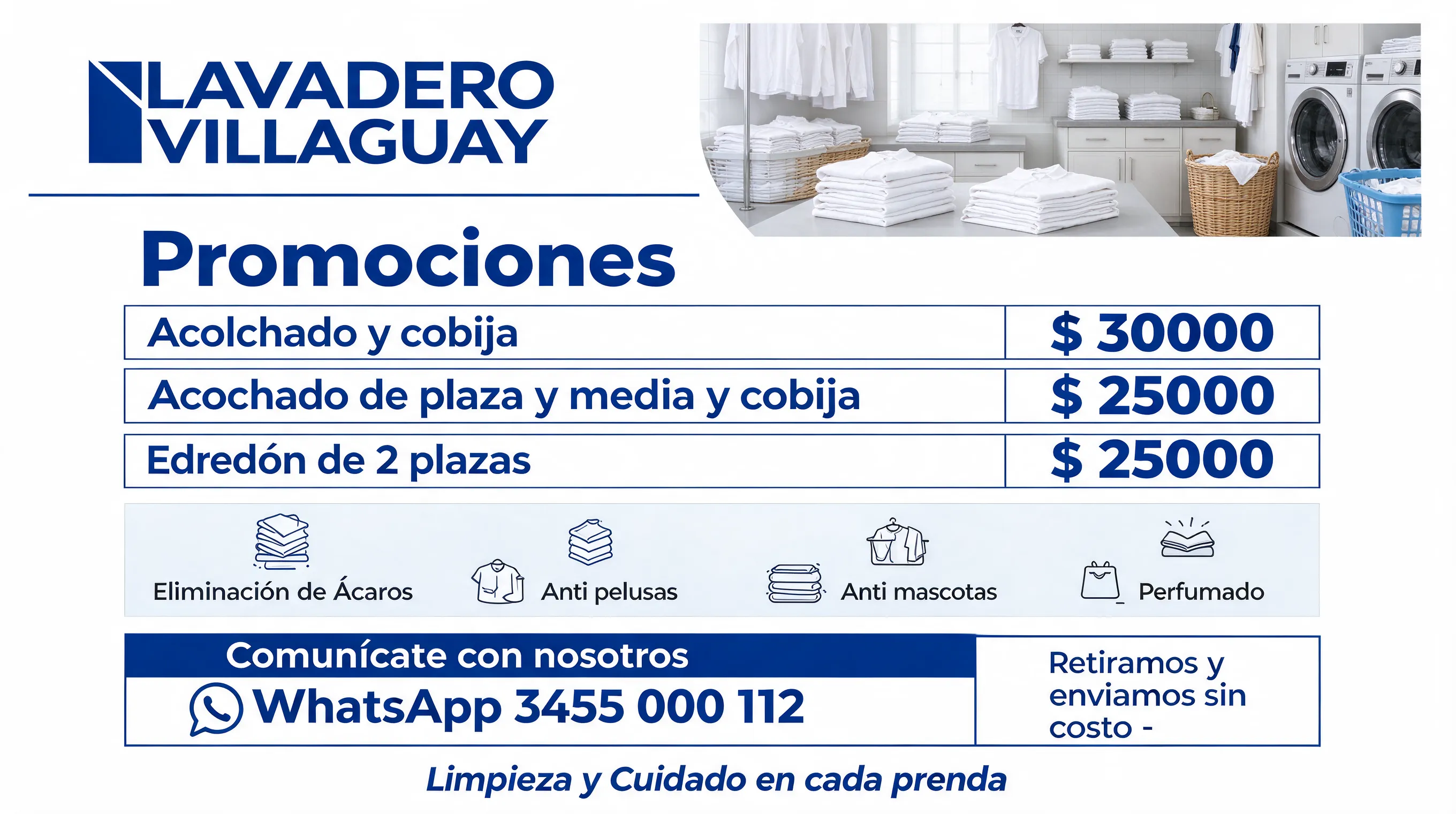 LAVADERO VILLAGUAY "Promociones- Acolchado y cobija $ 30000 Acochado de plaza y media y cobija $ 25000 Edredón de 2 plazas $ 25000 - Eliminación de Ácaros - Anti pelusas - Anti mascotas - Perfumado Comunícate con nosotros WhatsApp 3455 000 112 Retiramos y enviamos sin costo -,Limpieza y Cuidado en cada prenda