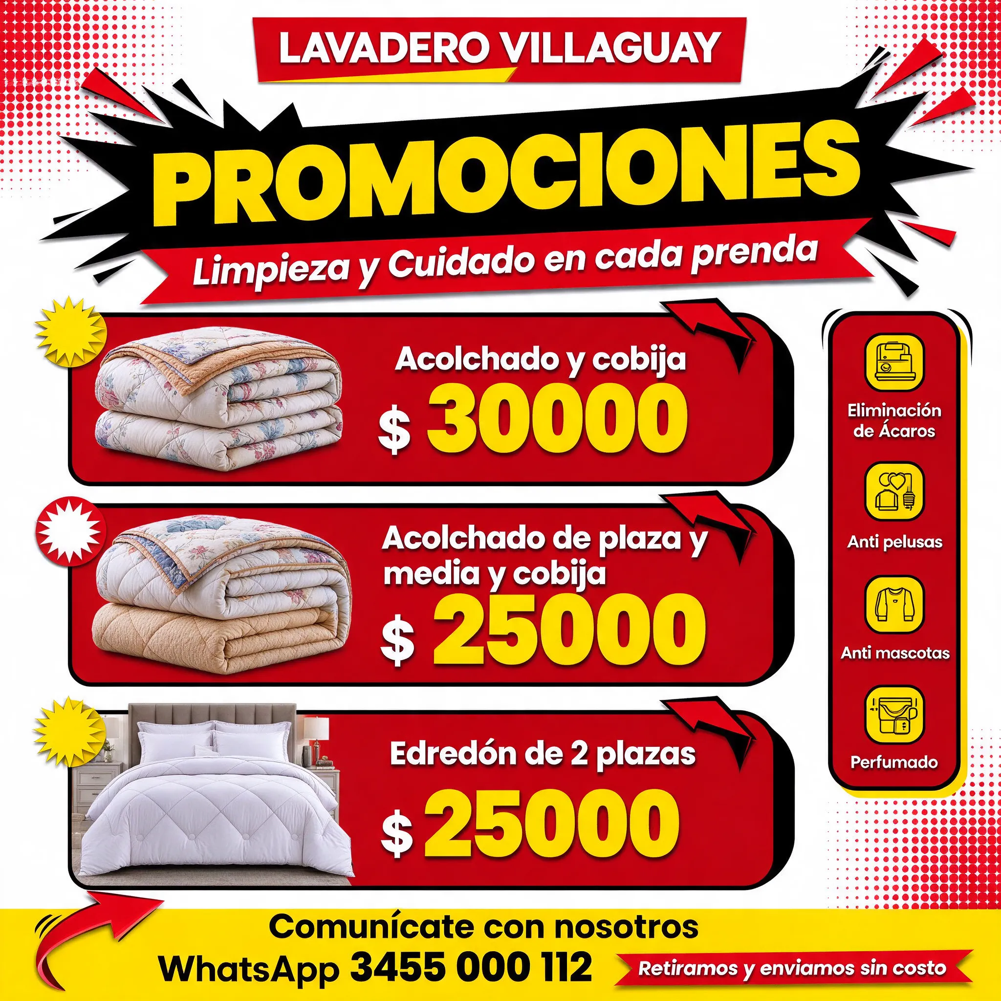 LAVADERO VILLAGUAY "Promociones- Acolchado y cobija $ 30000 Acochado de plaza y media y cobija $ 25000 Edredón de 2 plazas $ 25000 - Eliminación de Ácaros - Anti pelusas - Anti mascotas - Perfumado Comunícate con nosotros WhatsApp 3455 000 112 Retiramos y enviamos sin costo -,Limpieza y Cuidado en cada prenda