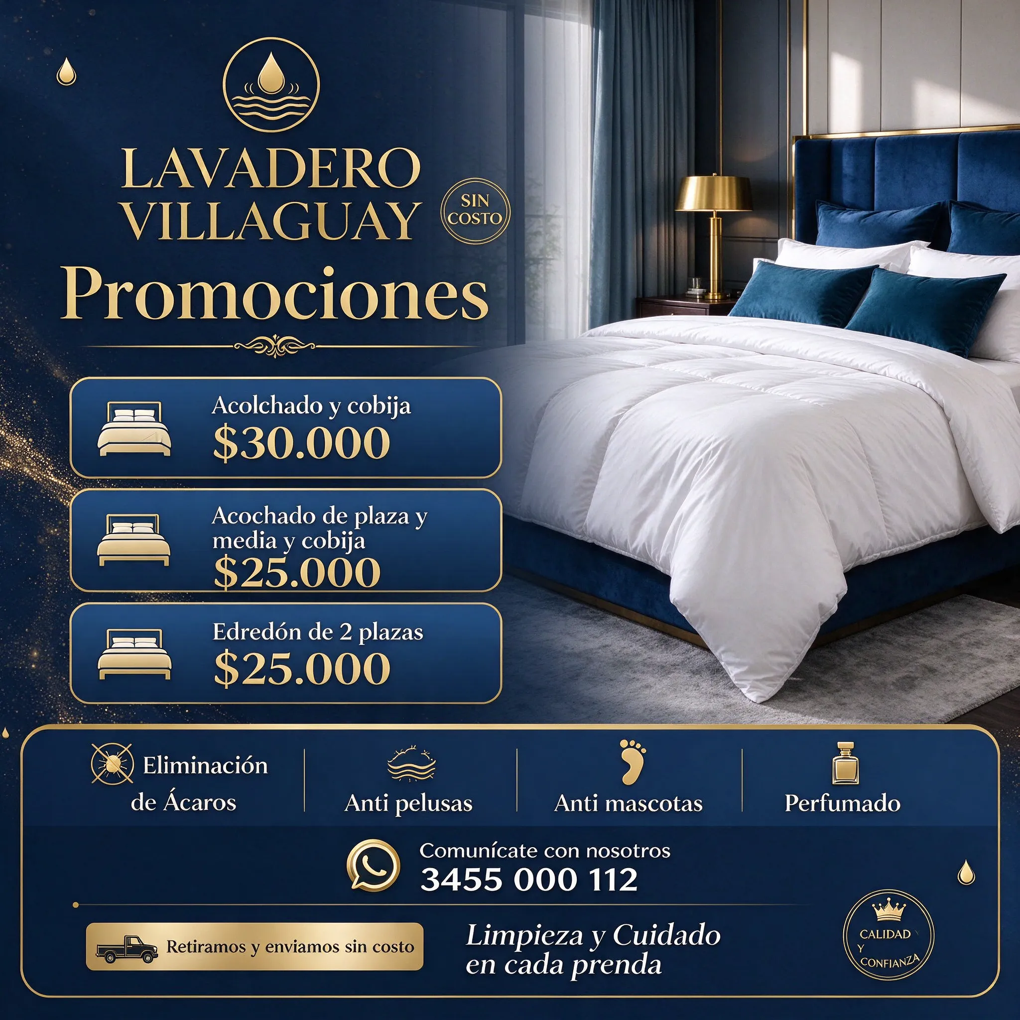 LAVADERO VILLAGUAY "Promociones- Acolchado y cobija $ 30000 Acochado de plaza y media y cobija $ 25000 Edredón de 2 plazas $ 25000 - Eliminación de Ácaros - Anti pelusas - Anti mascotas - Perfumado Comunícate con nosotros WhatsApp 3455 000 112 Retiramos y enviamos sin costo -,Limpieza y Cuidado en cada prenda