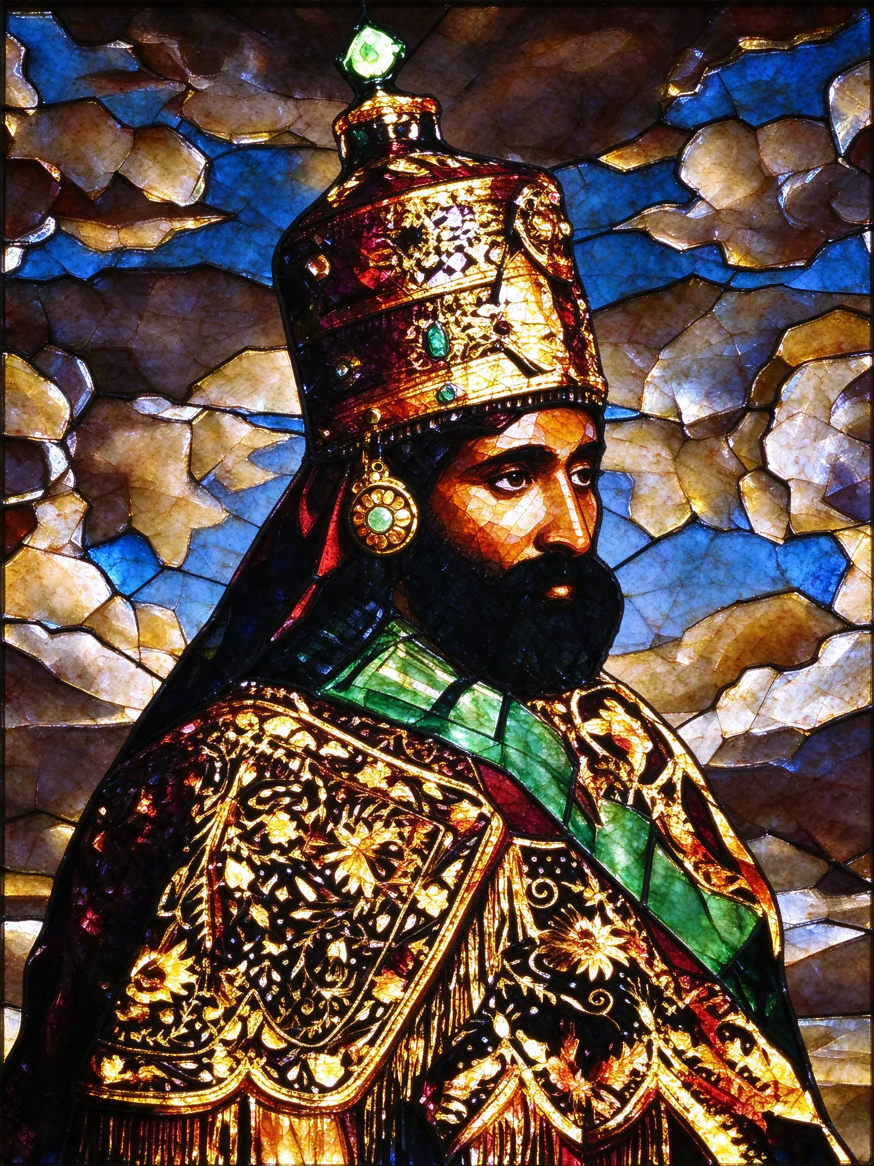 Transform this portrait into a dramatic, cathedral-style stained-glass abstraction. Rebuild the source subject using distinct, luminous color panes, bold dark leading lines, and fractured geometric glass segments. Enhance the sense of fractured beauty and jewel-like transparency. The composition should convey a mysterious and magnificent quality, allowing the original emotional tone and silhouette to be strongly felt through the broken-yet-harmonized composition. Render believable light refraction through the colored glass, making the recognizable human spirit shine through shattered translucent forms.